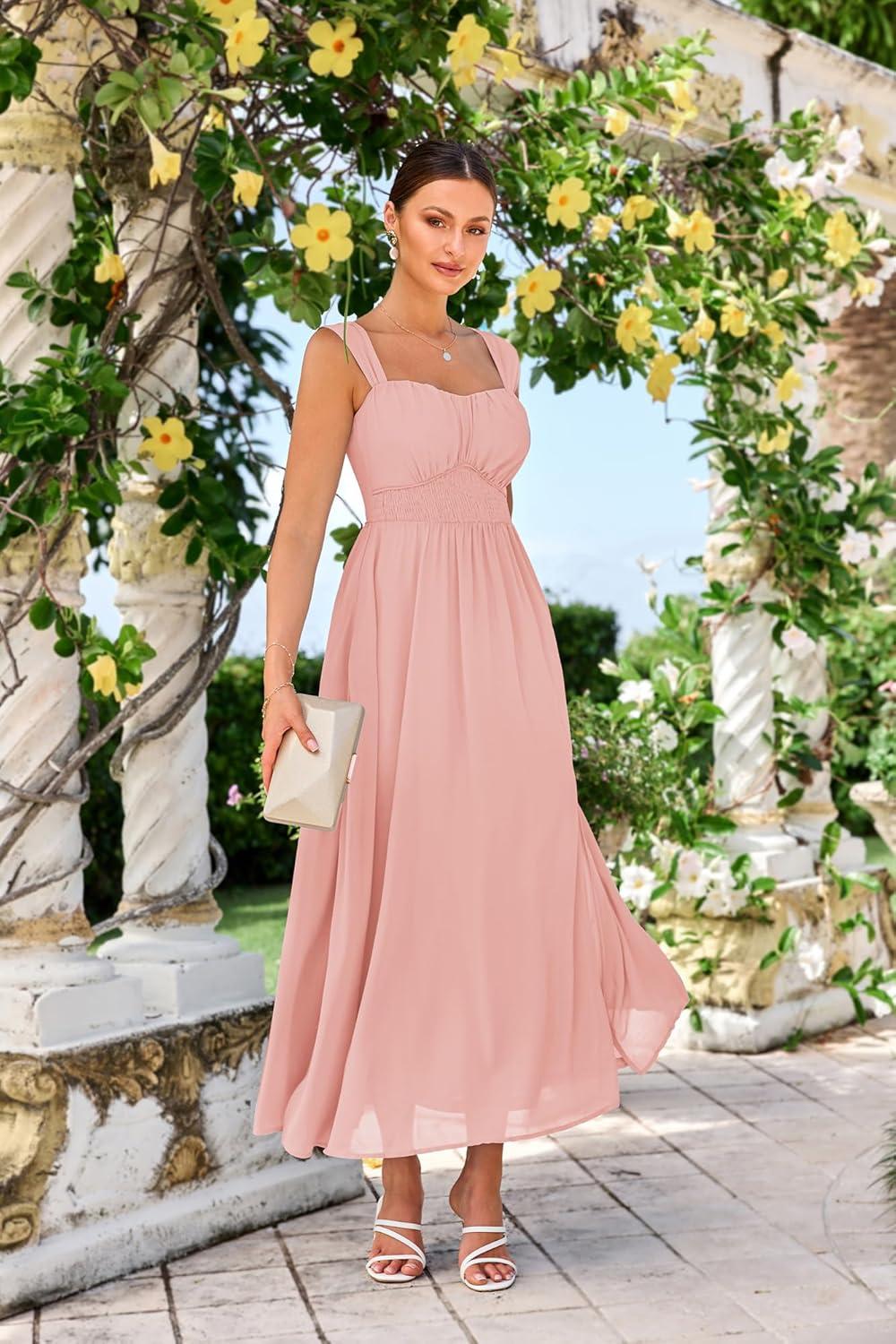 imageGRACE KARIN 2025 Womens Summer Floral Print Flowy A Line Maxi Dresses Sleeveless Smocked Off Shoulder DressLight Pink