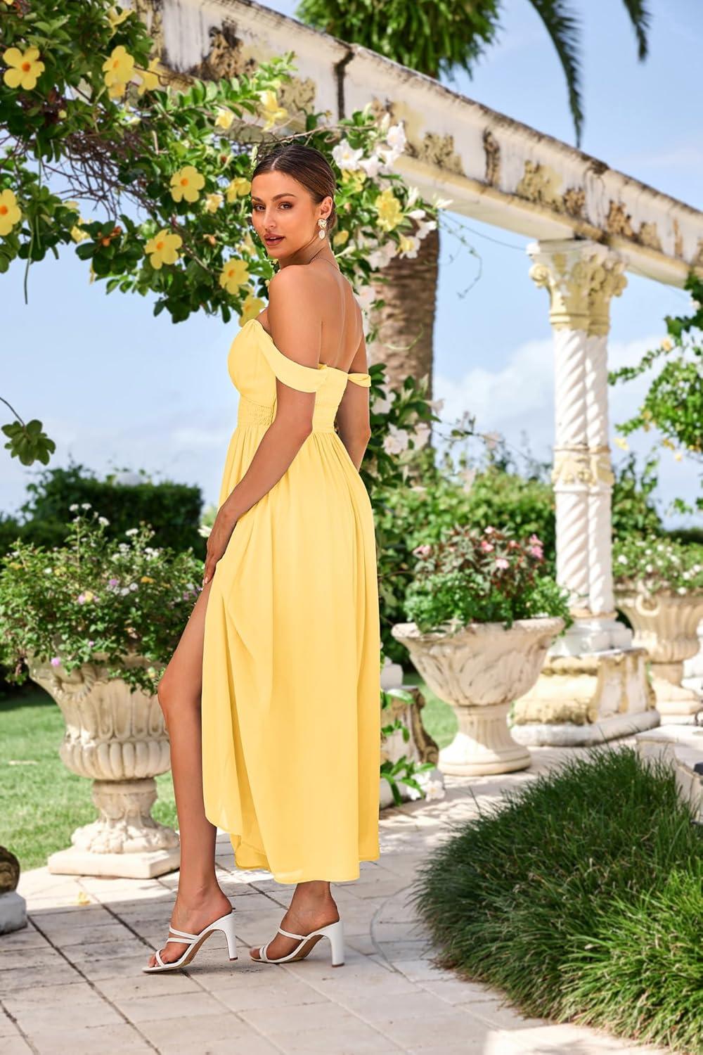 imageGRACE KARIN 2025 Womens Summer Floral Print Flowy A Line Maxi Dresses Sleeveless Smocked Off Shoulder DressLight Yellow