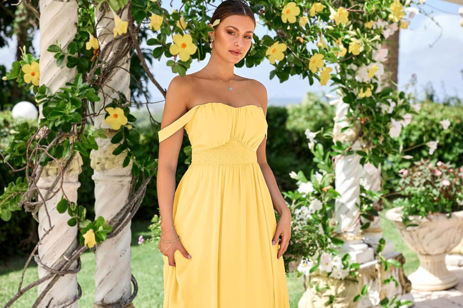 imageGRACE KARIN 2025 Womens Summer Floral Print Flowy A Line Maxi Dresses Sleeveless Smocked Off Shoulder DressLight Yellow