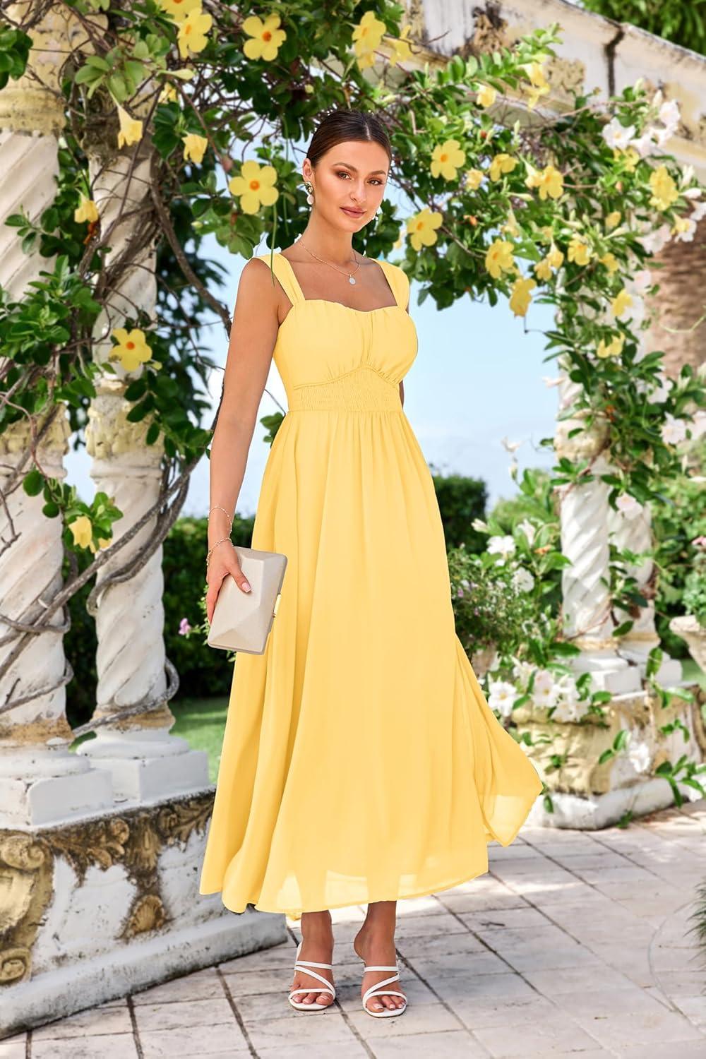imageGRACE KARIN 2025 Womens Summer Floral Print Flowy A Line Maxi Dresses Sleeveless Smocked Off Shoulder DressLight Yellow