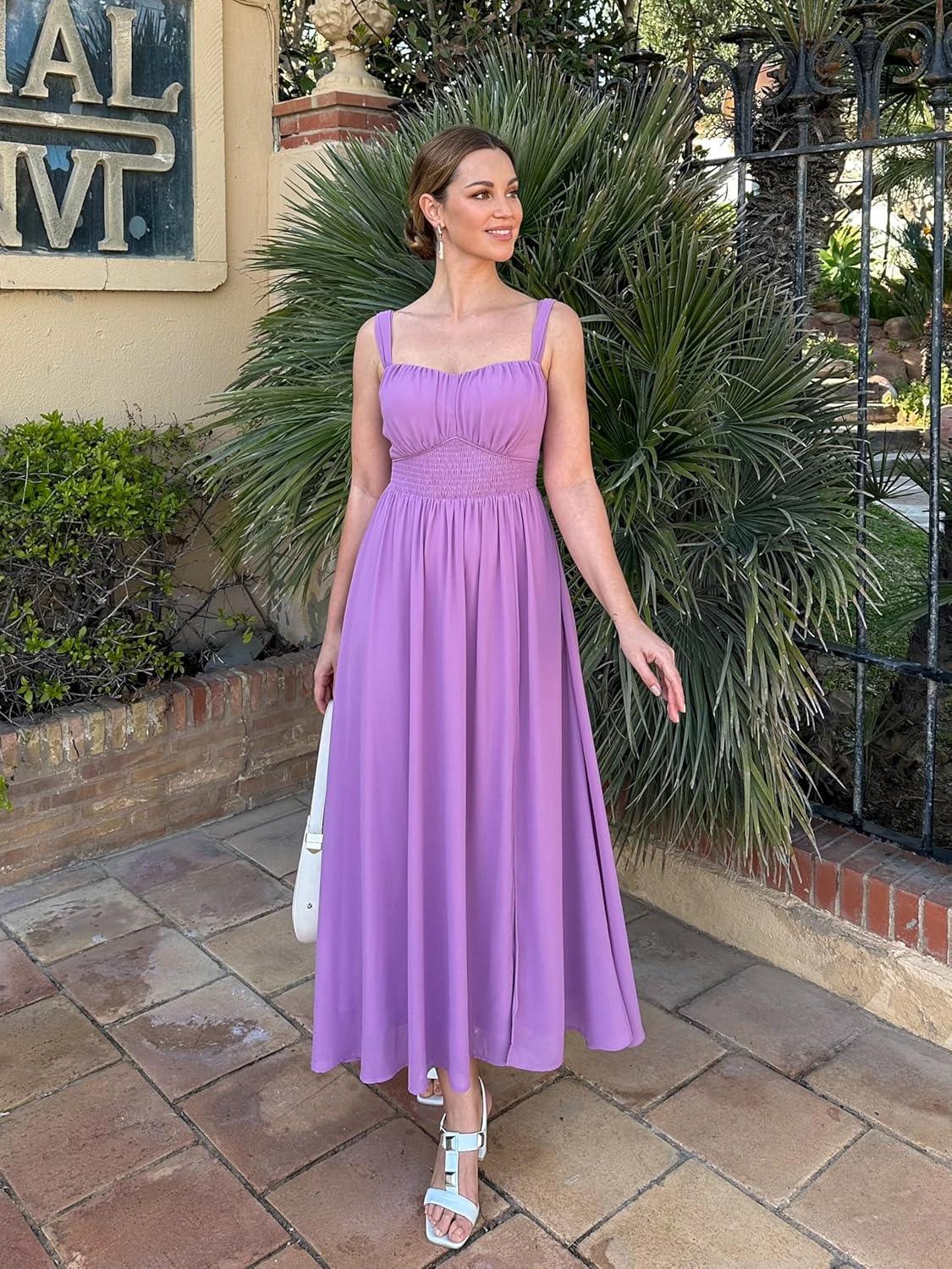imageGRACE KARIN 2025 Womens Summer Floral Print Flowy A Line Maxi Dresses Sleeveless Smocked Off Shoulder DressLilac