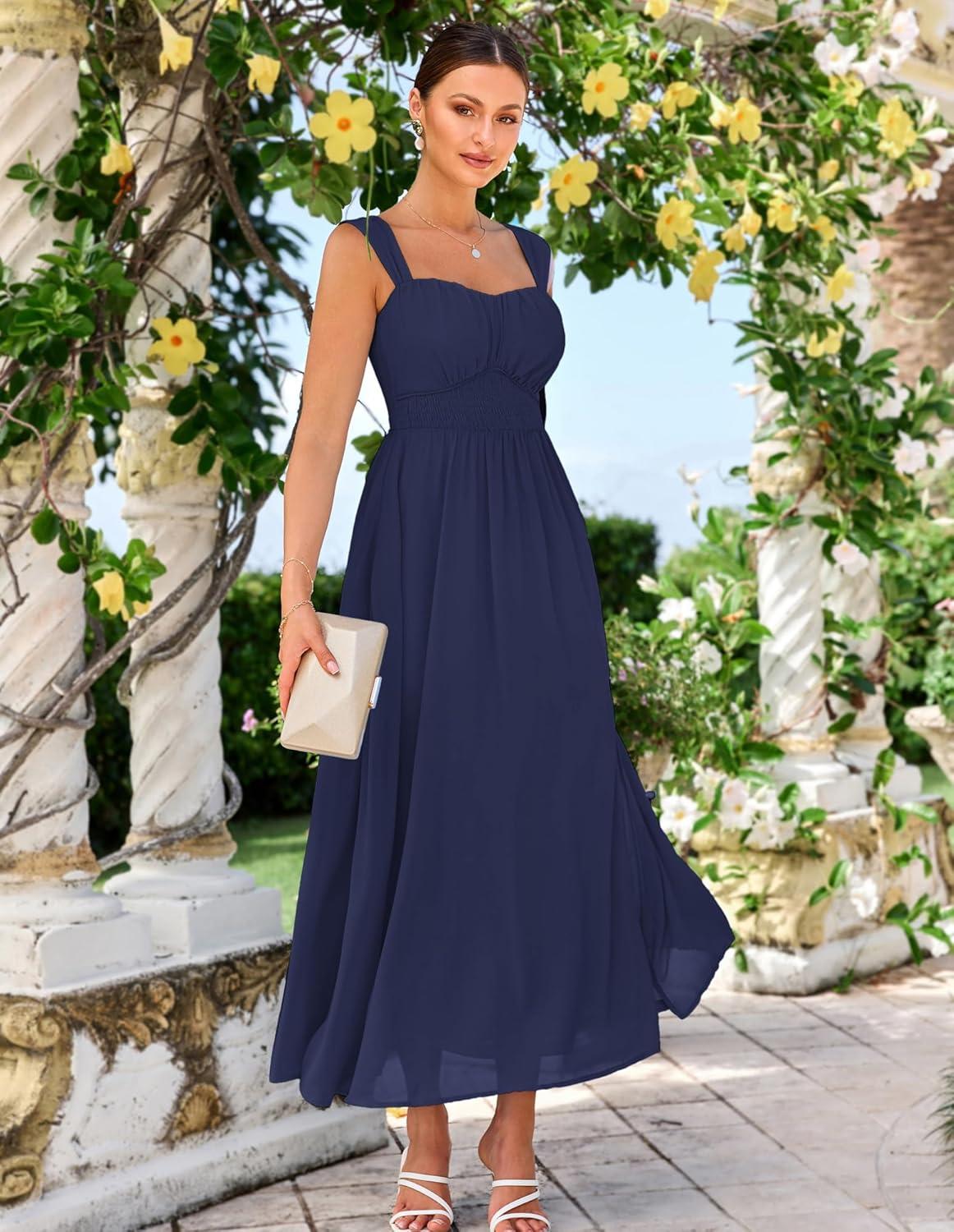 imageGRACE KARIN 2025 Womens Summer Floral Print Flowy A Line Maxi Dresses Sleeveless Smocked Off Shoulder DressNavy Blue