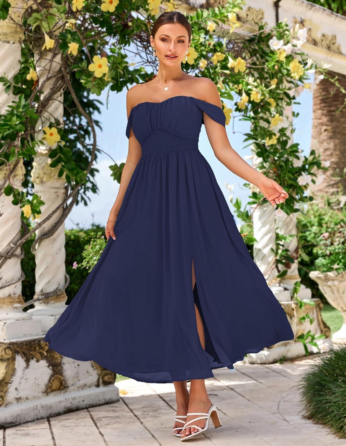 imageGRACE KARIN 2025 Womens Summer Floral Print Flowy A Line Maxi Dresses Sleeveless Smocked Off Shoulder DressNavy Blue