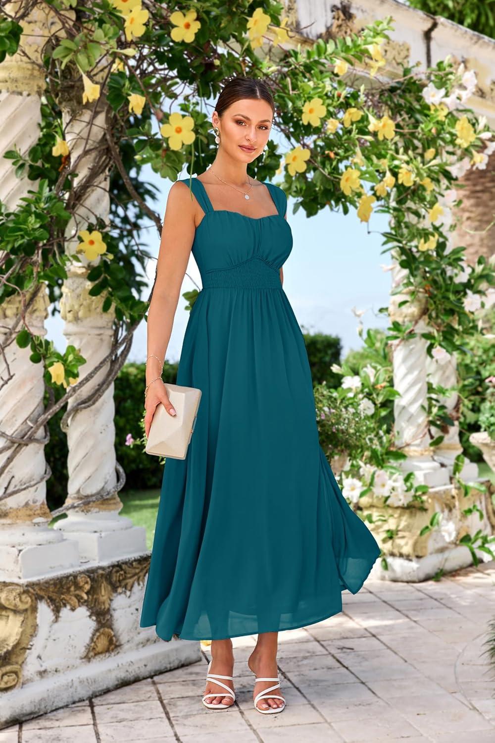 imageGRACE KARIN 2025 Womens Summer Floral Print Flowy A Line Maxi Dresses Sleeveless Smocked Off Shoulder DressPeacock Blue