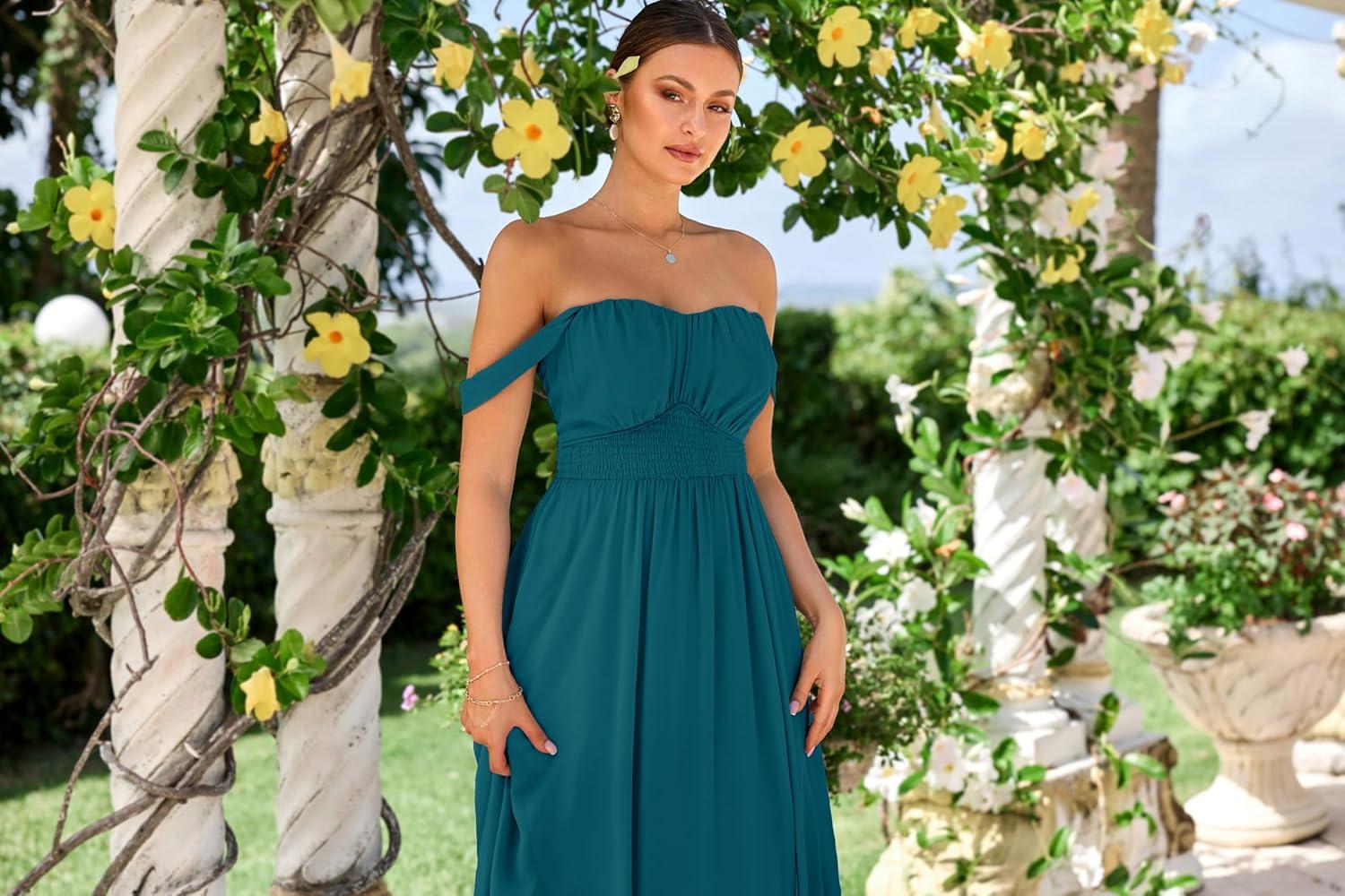 imageGRACE KARIN 2025 Womens Summer Floral Print Flowy A Line Maxi Dresses Sleeveless Smocked Off Shoulder DressPeacock Blue