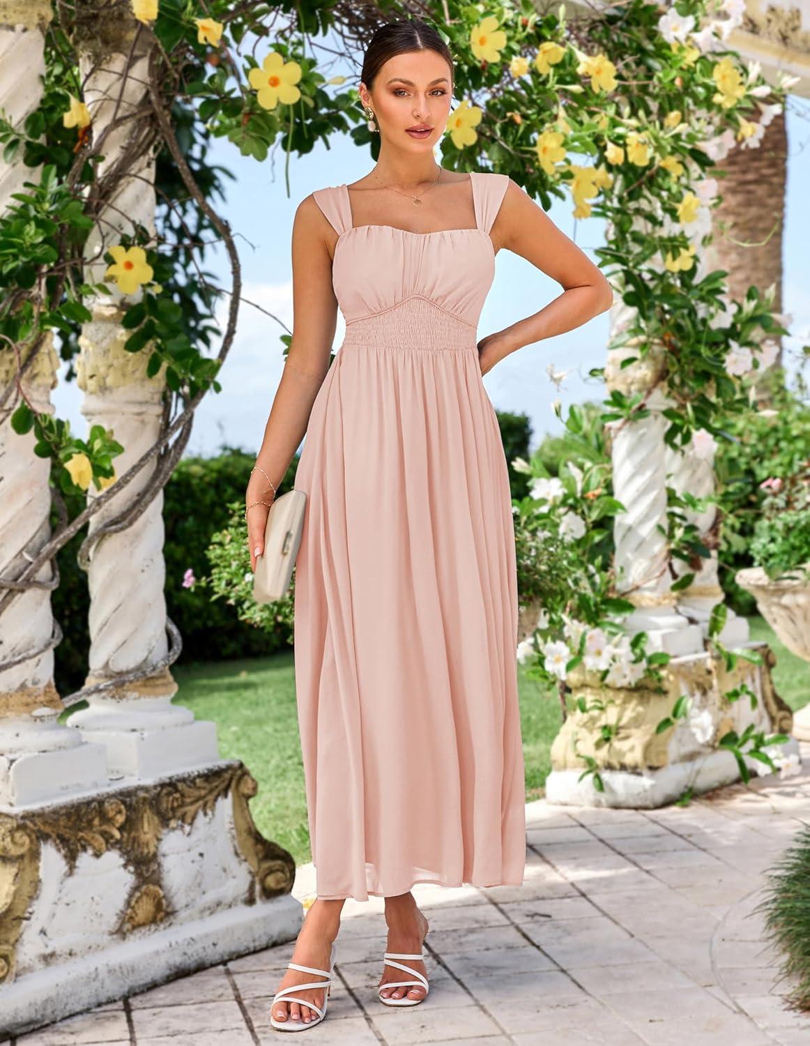 imageGRACE KARIN 2025 Womens Summer Floral Print Flowy A Line Maxi Dresses Sleeveless Smocked Off Shoulder DressPink Apricot