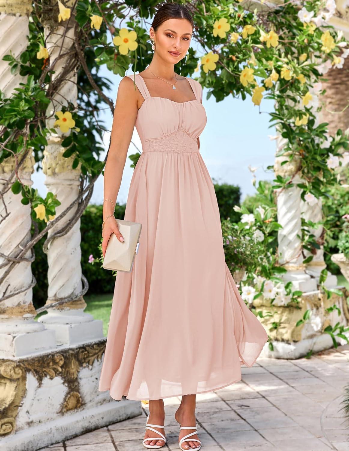 imageGRACE KARIN 2025 Womens Summer Floral Print Flowy A Line Maxi Dresses Sleeveless Smocked Off Shoulder DressPink Apricot