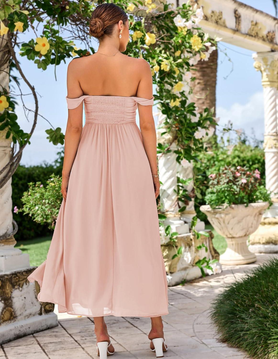 imageGRACE KARIN 2025 Womens Summer Floral Print Flowy A Line Maxi Dresses Sleeveless Smocked Off Shoulder DressPink Apricot
