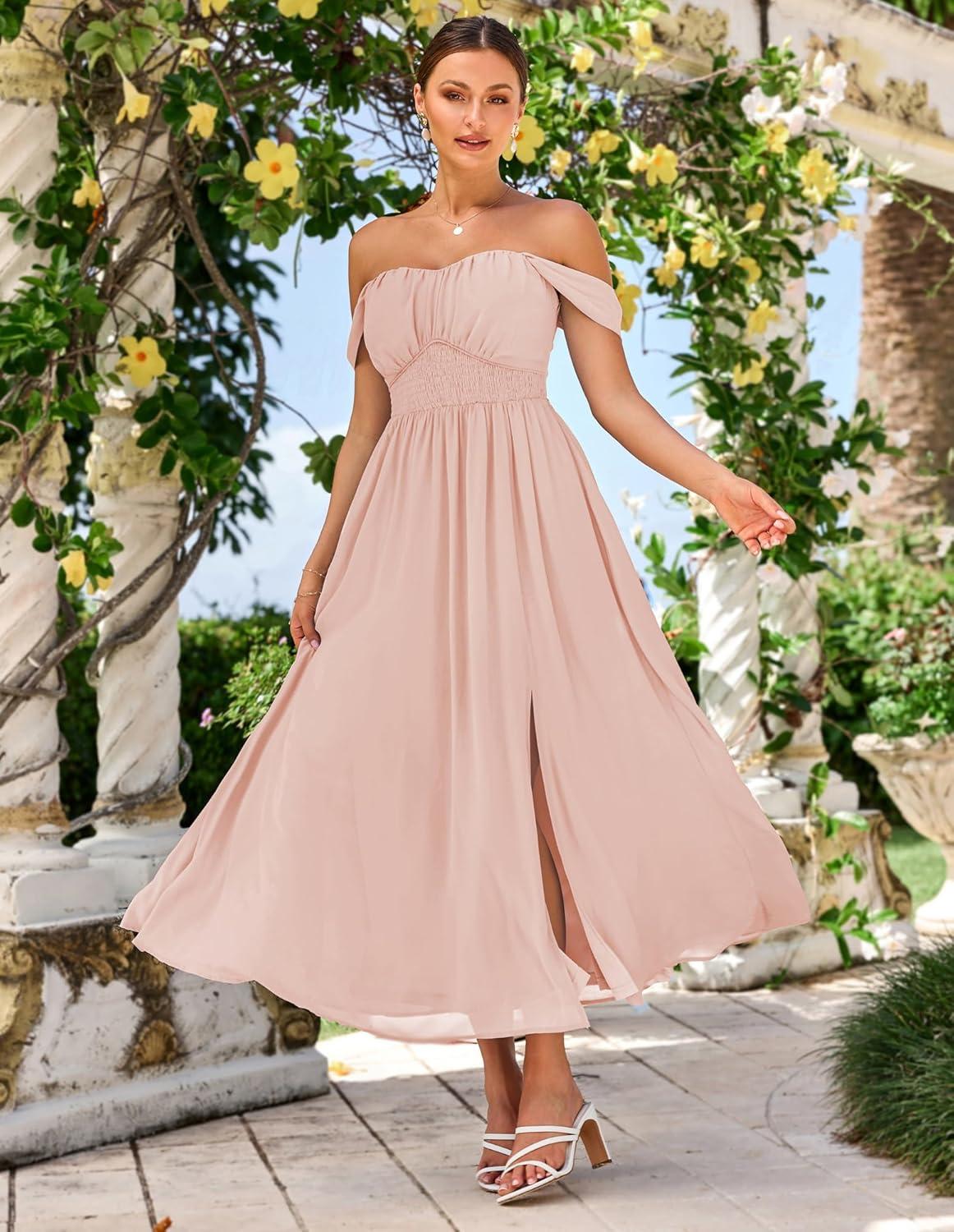 imageGRACE KARIN 2025 Womens Summer Floral Print Flowy A Line Maxi Dresses Sleeveless Smocked Off Shoulder DressPink Apricot