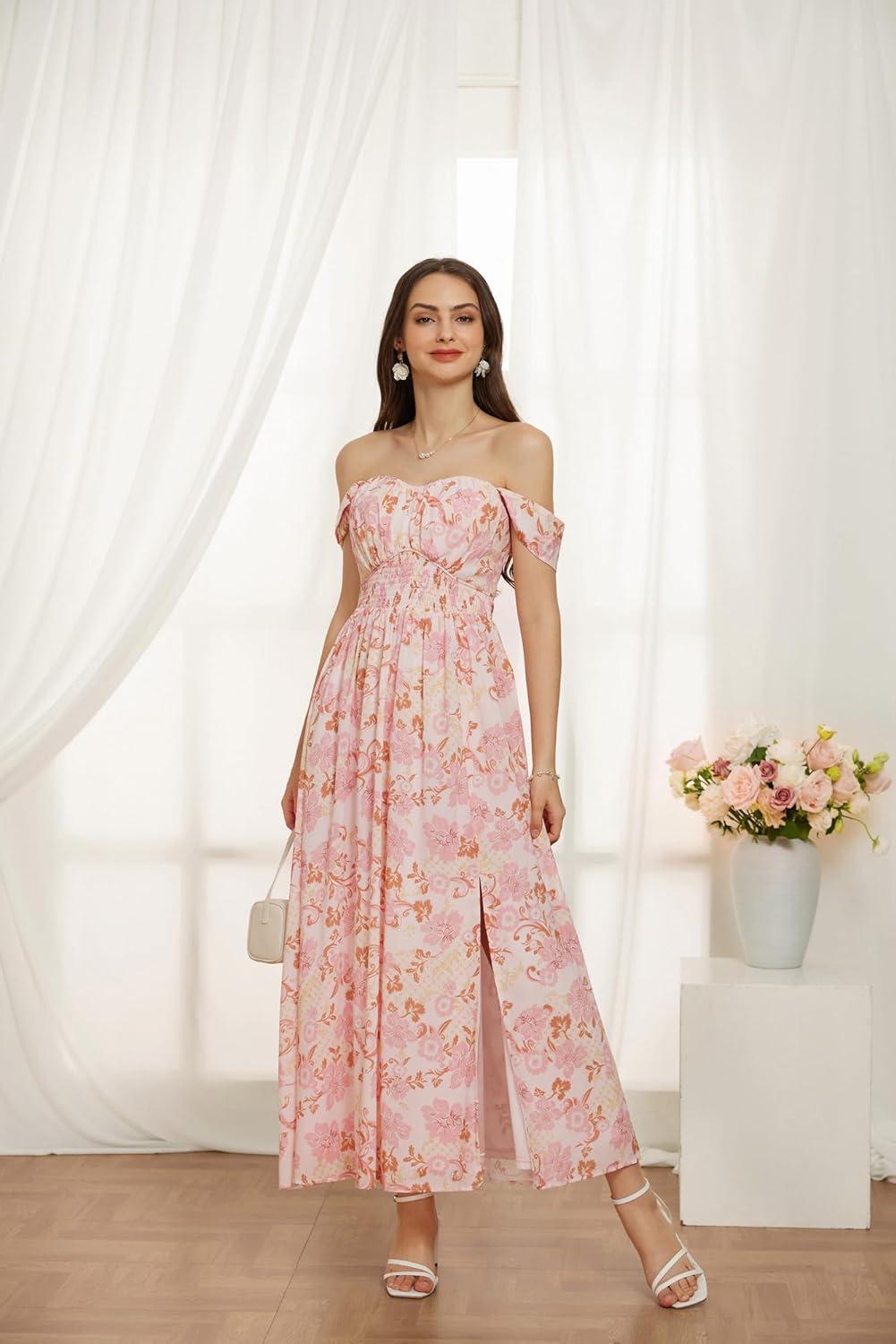 imageGRACE KARIN 2025 Womens Summer Floral Print Flowy A Line Maxi Dresses Sleeveless Smocked Off Shoulder DressPink Floral