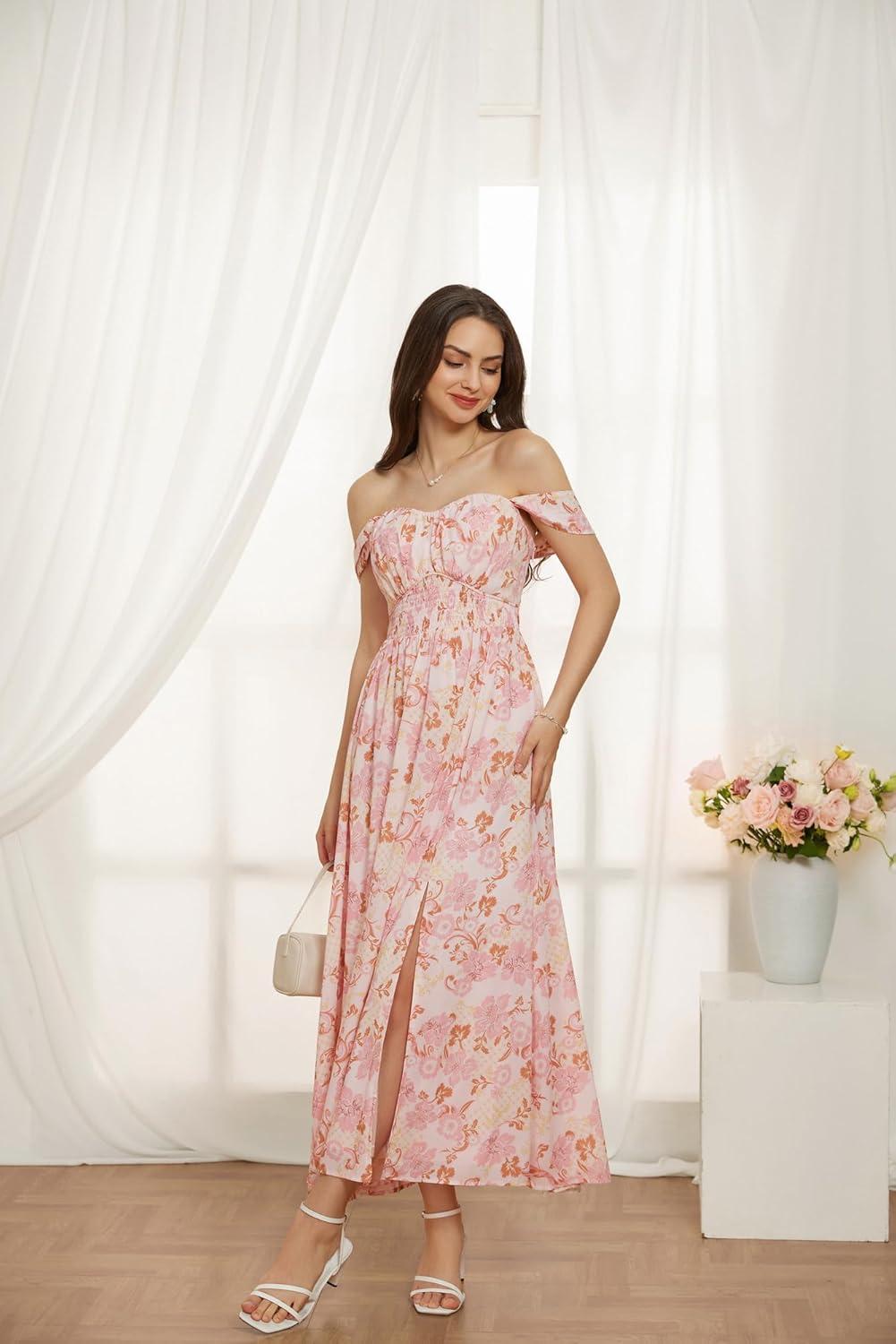 imageGRACE KARIN 2025 Womens Summer Floral Print Flowy A Line Maxi Dresses Sleeveless Smocked Off Shoulder DressPink Floral