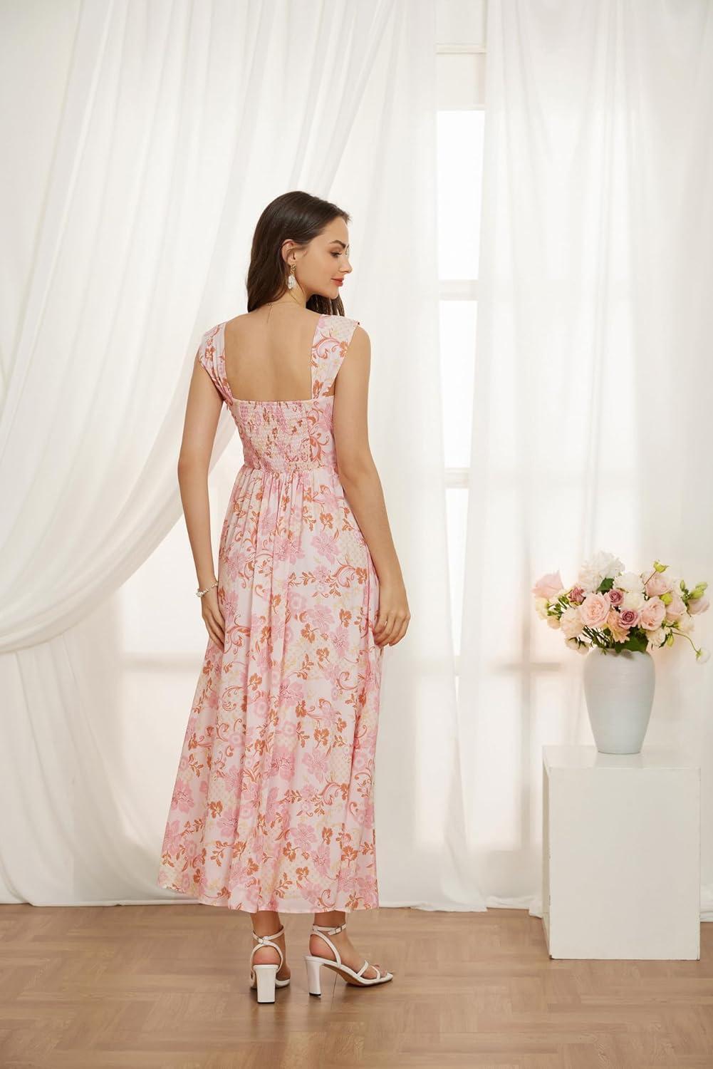 imageGRACE KARIN 2025 Womens Summer Floral Print Flowy A Line Maxi Dresses Sleeveless Smocked Off Shoulder DressPink Floral