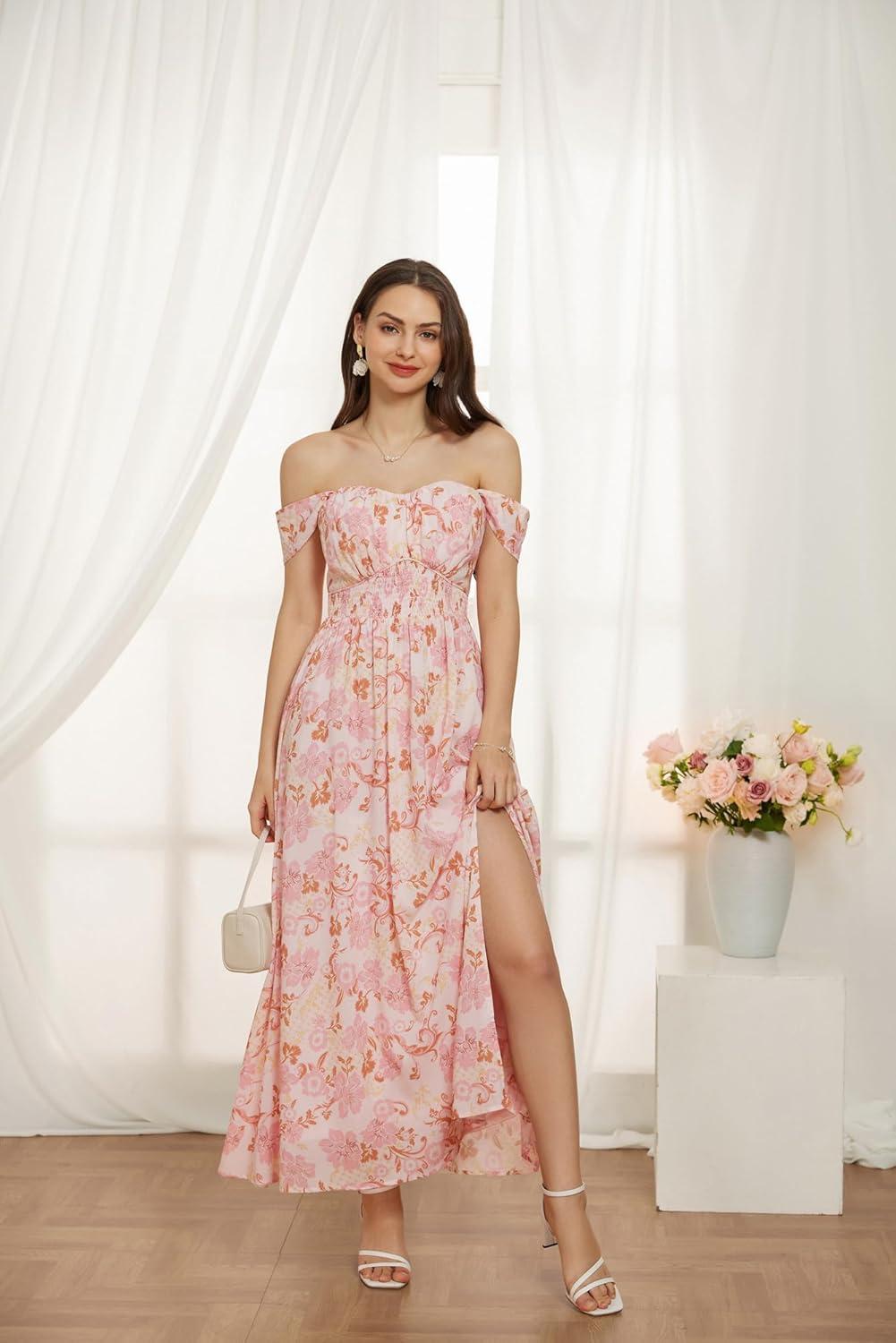 imageGRACE KARIN 2025 Womens Summer Floral Print Flowy A Line Maxi Dresses Sleeveless Smocked Off Shoulder DressPink Floral