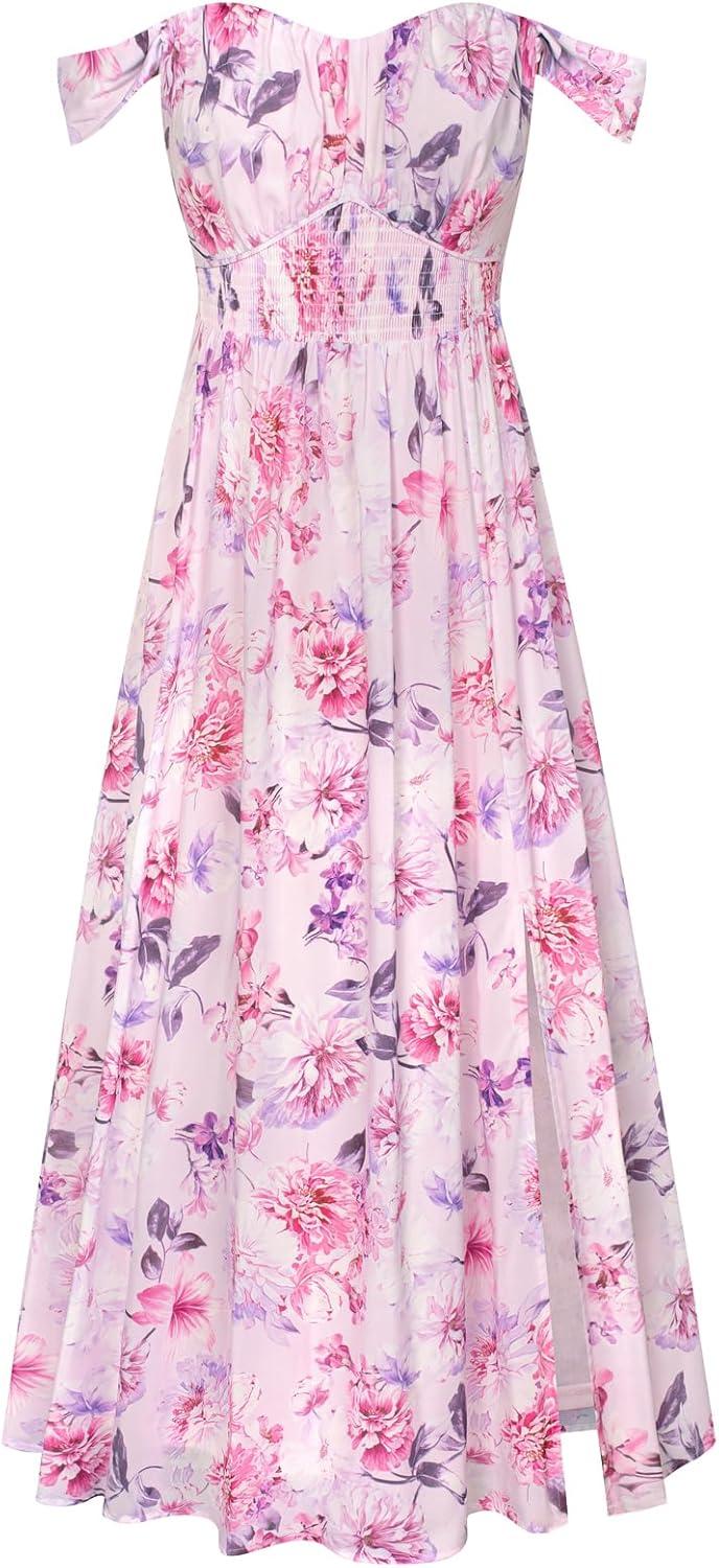 imageGRACE KARIN 2025 Womens Summer Floral Print Flowy A Line Maxi Dresses Sleeveless Smocked Off Shoulder DressPink White