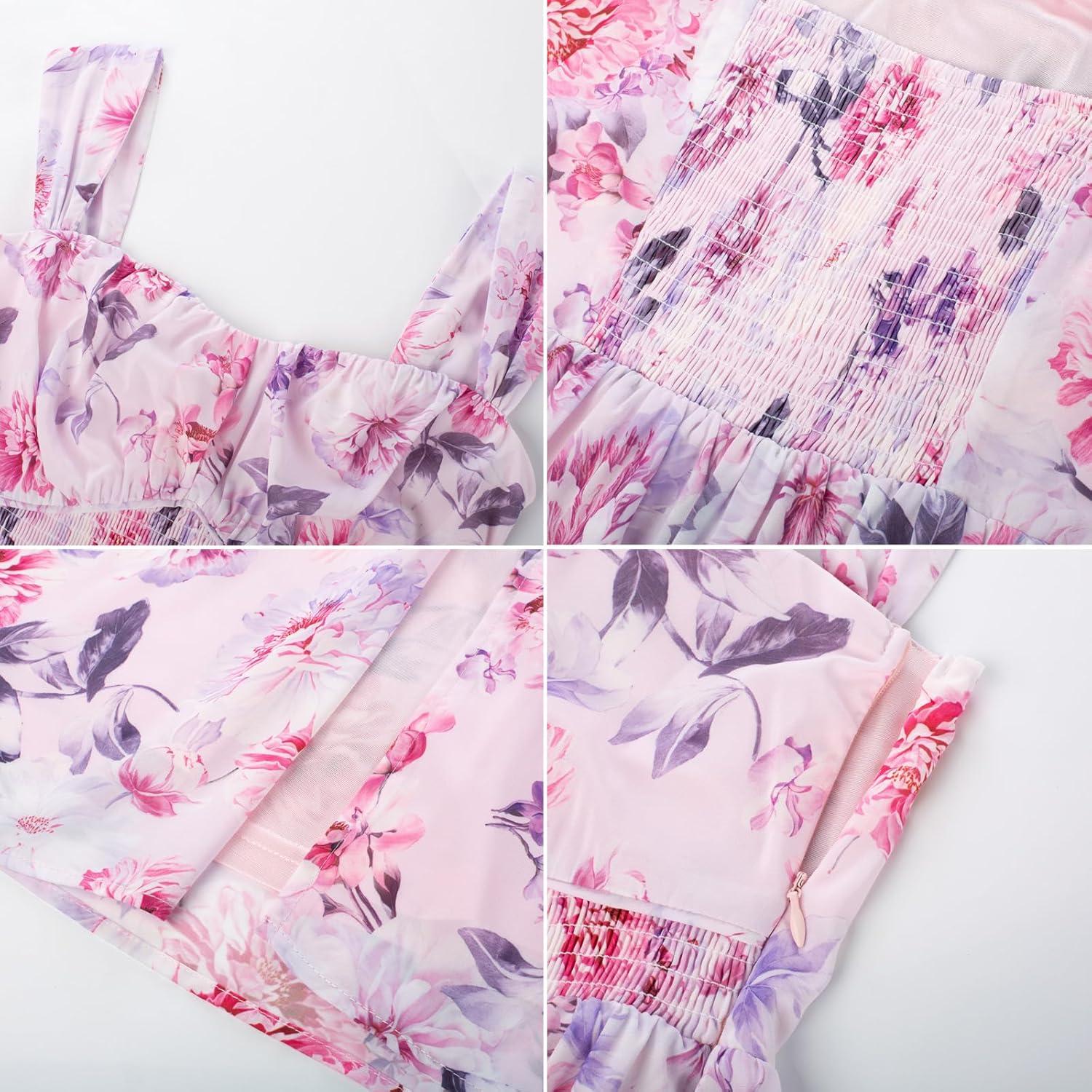 imageGRACE KARIN 2025 Womens Summer Floral Print Flowy A Line Maxi Dresses Sleeveless Smocked Off Shoulder DressPink White