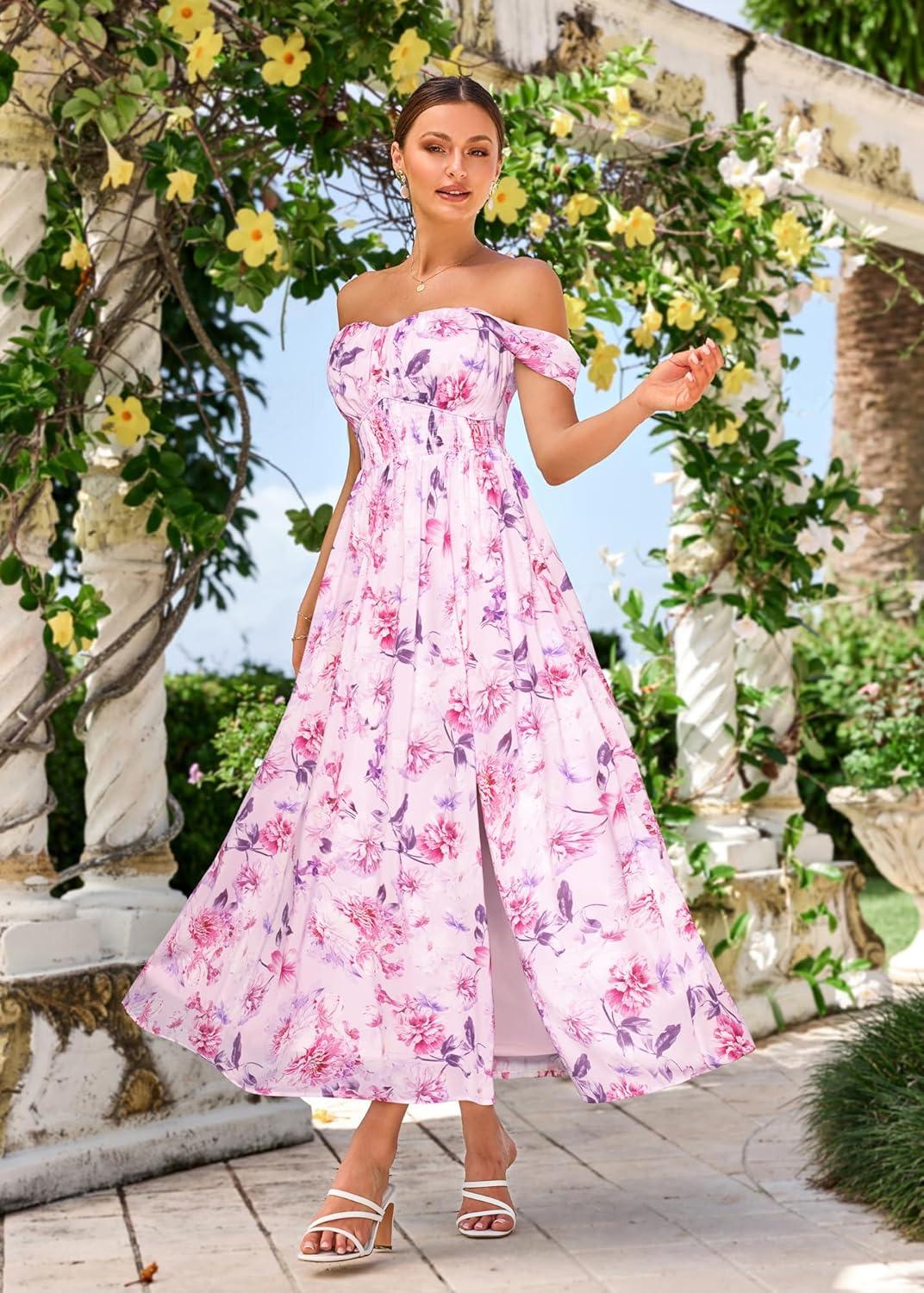 imageGRACE KARIN 2025 Womens Summer Floral Print Flowy A Line Maxi Dresses Sleeveless Smocked Off Shoulder DressPink White