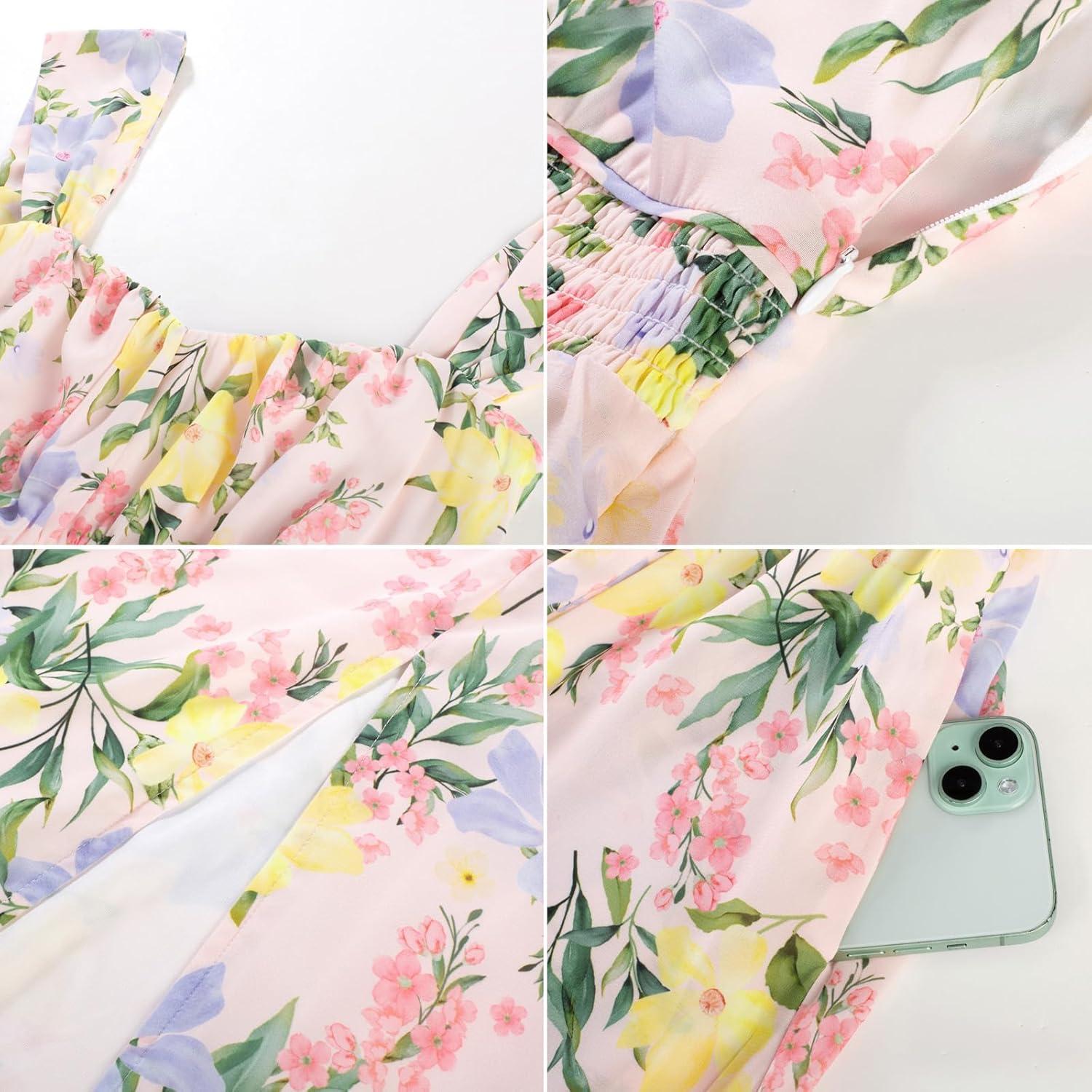 imageGRACE KARIN 2025 Womens Summer Floral Print Flowy A Line Maxi Dresses Sleeveless Smocked Off Shoulder DressPinkyellow