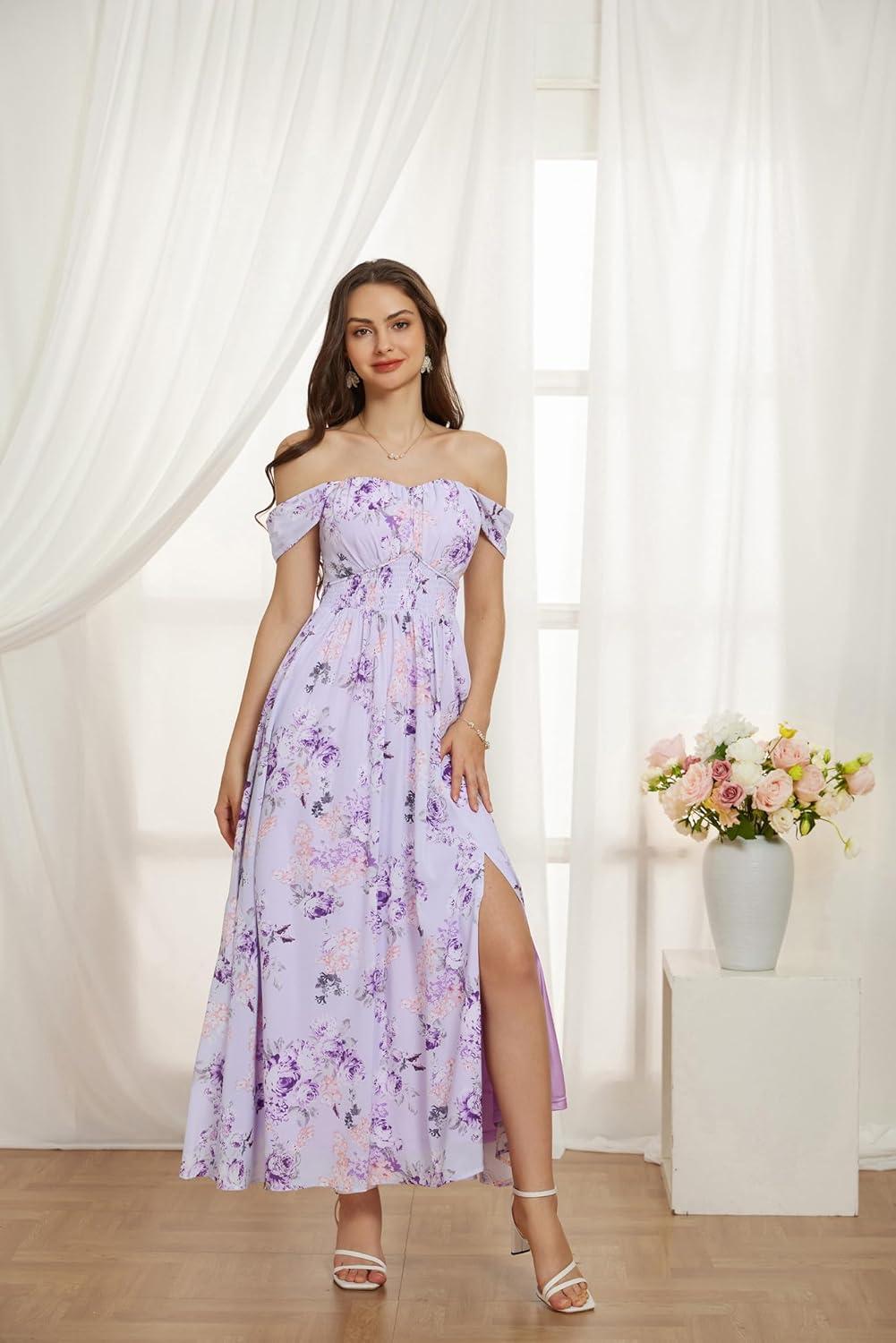 imageGRACE KARIN 2025 Womens Summer Floral Print Flowy A Line Maxi Dresses Sleeveless Smocked Off Shoulder DressPurple Floral
