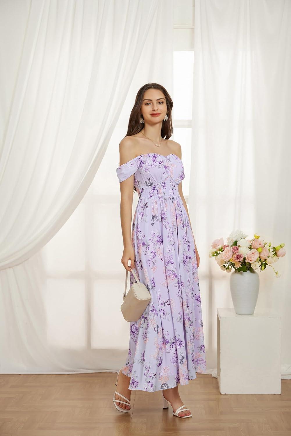 imageGRACE KARIN 2025 Womens Summer Floral Print Flowy A Line Maxi Dresses Sleeveless Smocked Off Shoulder DressPurple Floral