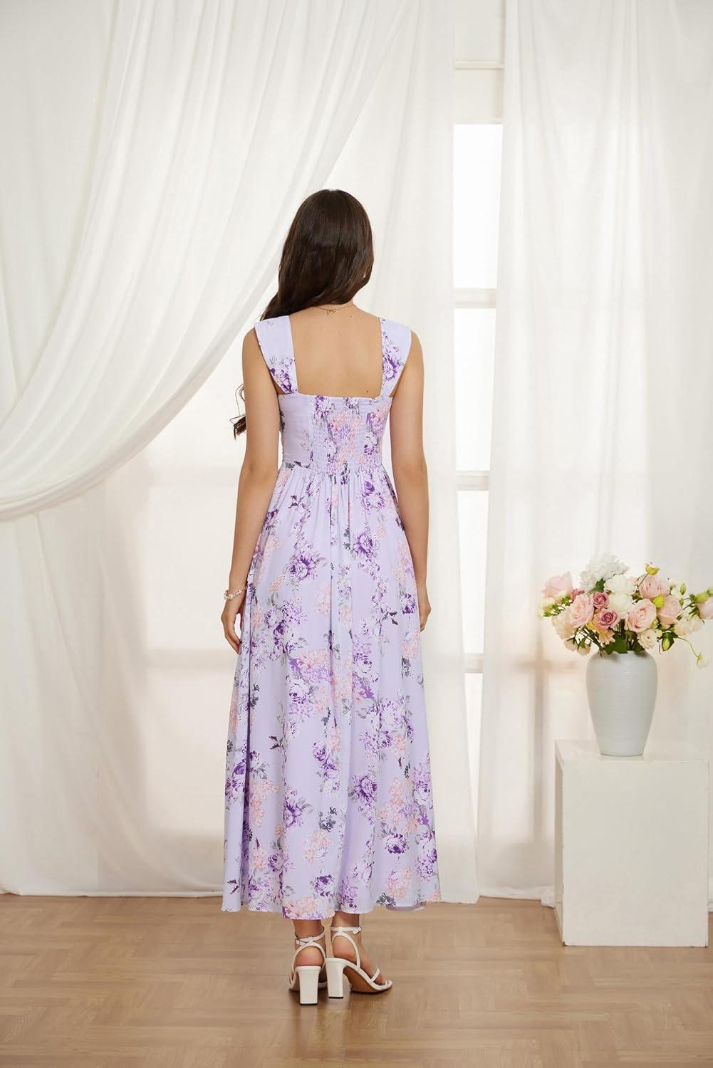 imageGRACE KARIN 2025 Womens Summer Floral Print Flowy A Line Maxi Dresses Sleeveless Smocked Off Shoulder DressPurple Floral