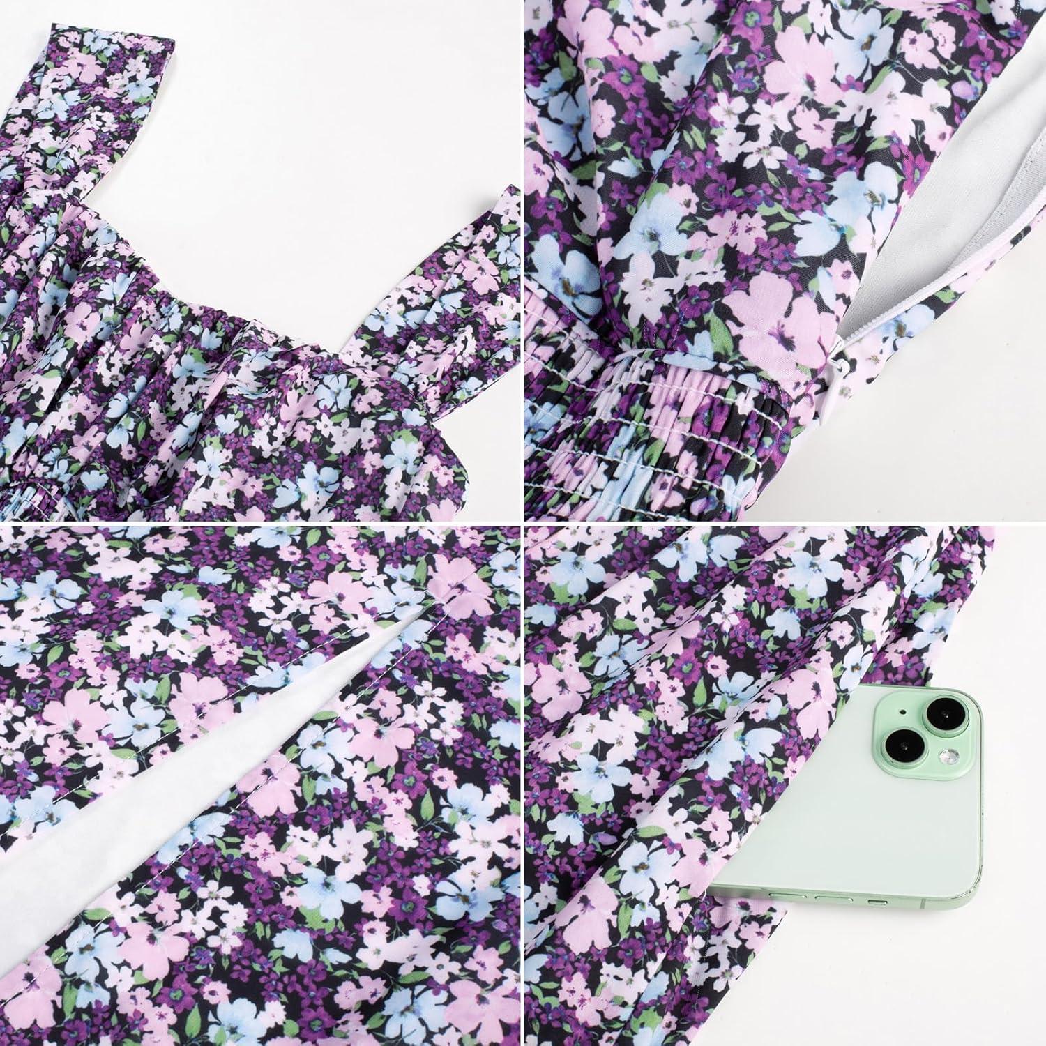imageGRACE KARIN 2025 Womens Summer Floral Print Flowy A Line Maxi Dresses Sleeveless Smocked Off Shoulder DressPurple Flower