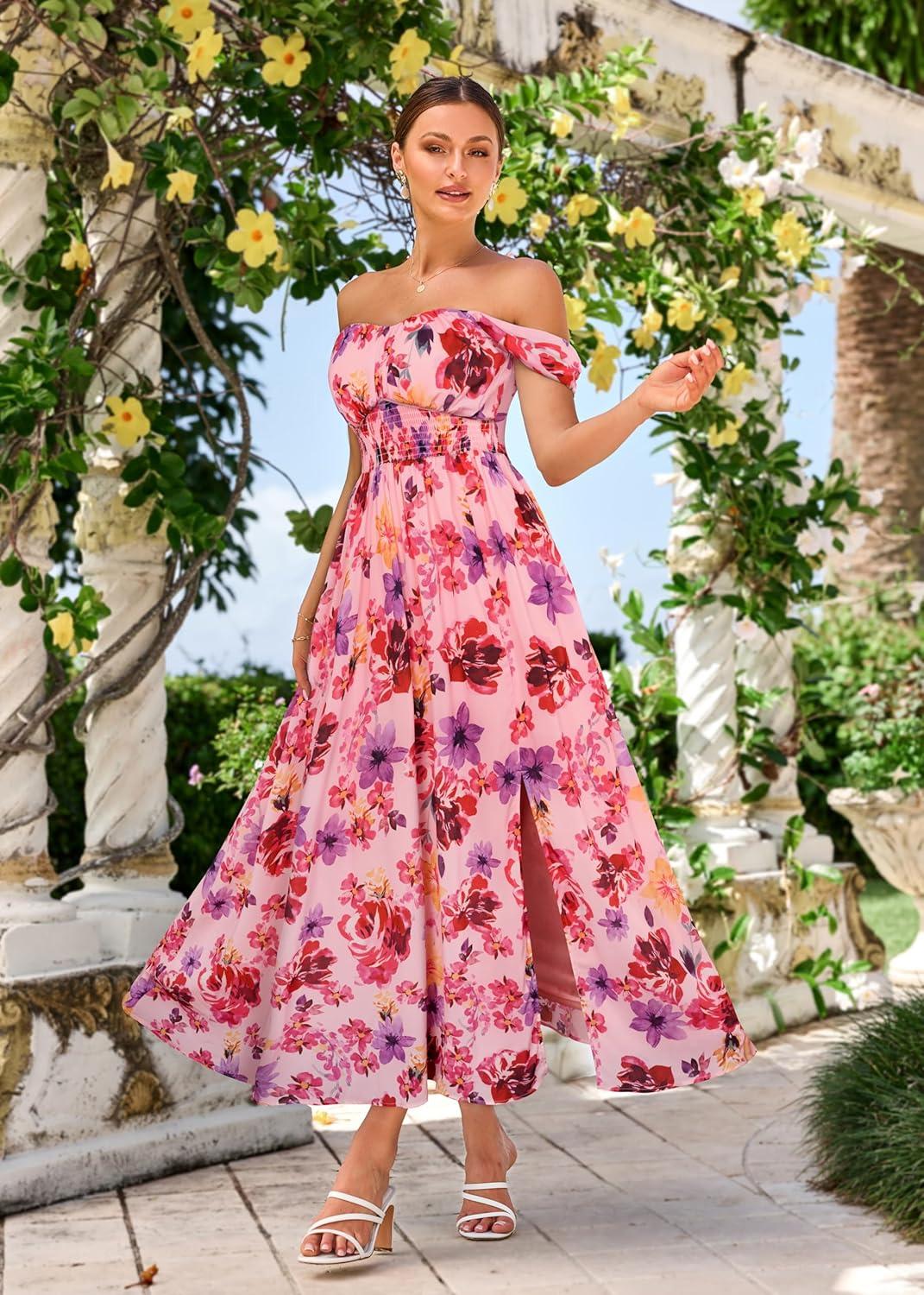 imageGRACE KARIN 2025 Womens Summer Floral Print Flowy A Line Maxi Dresses Sleeveless Smocked Off Shoulder DressPurple Red