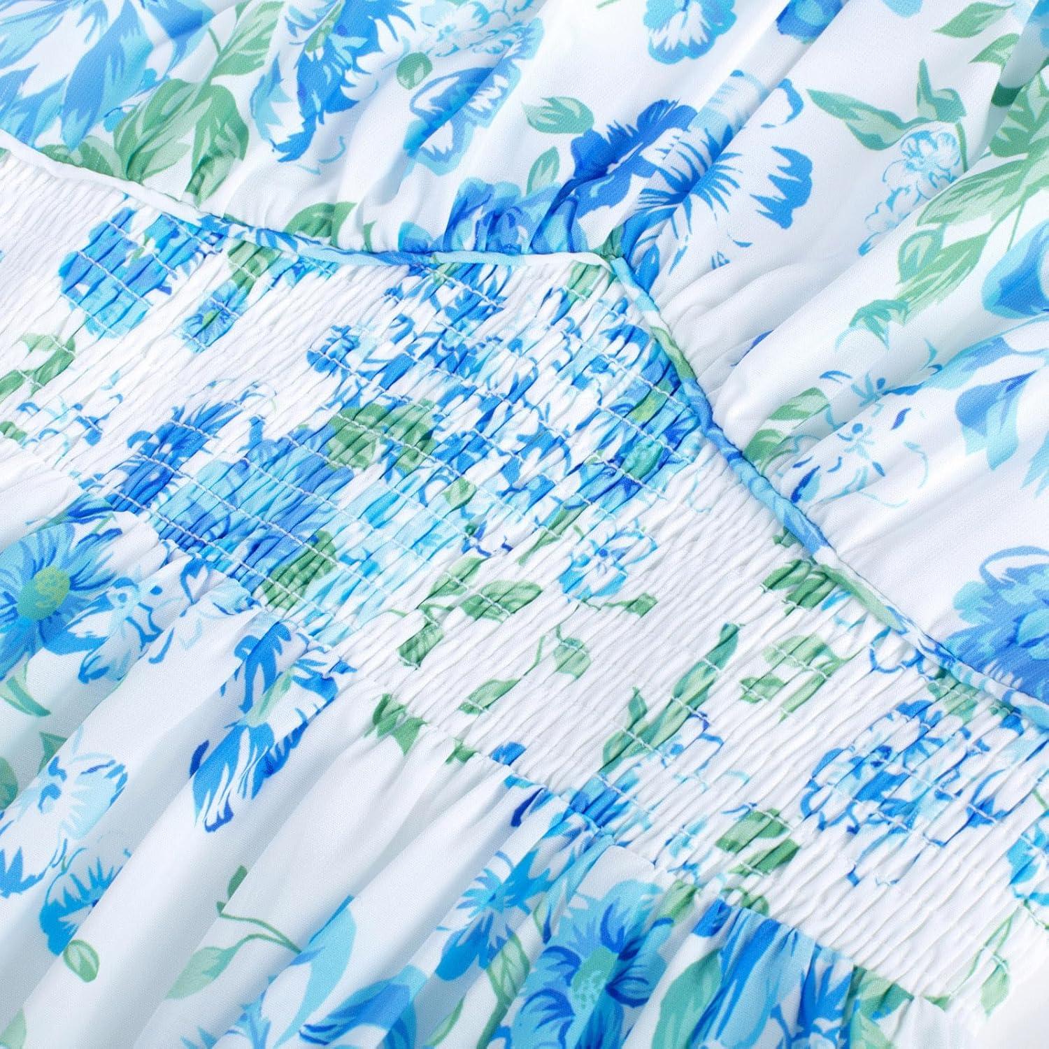 imageGRACE KARIN 2025 Womens Summer Floral Print Flowy A Line Maxi Dresses Sleeveless Smocked Off Shoulder DressWhite Blue Green