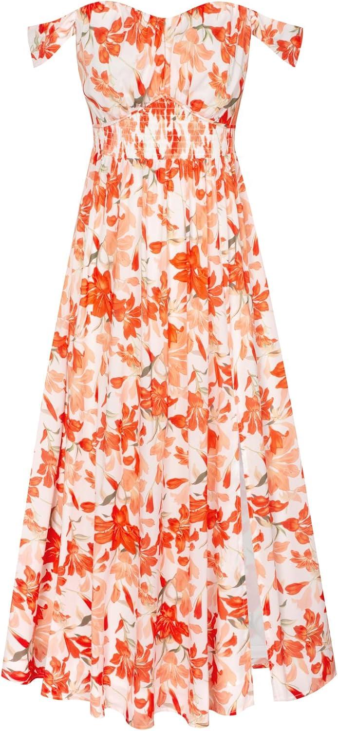 imageGRACE KARIN 2025 Womens Summer Floral Print Flowy A Line Maxi Dresses Sleeveless Smocked Off Shoulder DressWhite Orange