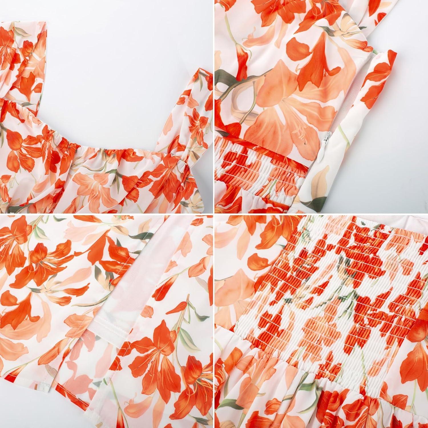 imageGRACE KARIN 2025 Womens Summer Floral Print Flowy A Line Maxi Dresses Sleeveless Smocked Off Shoulder DressWhite Orange