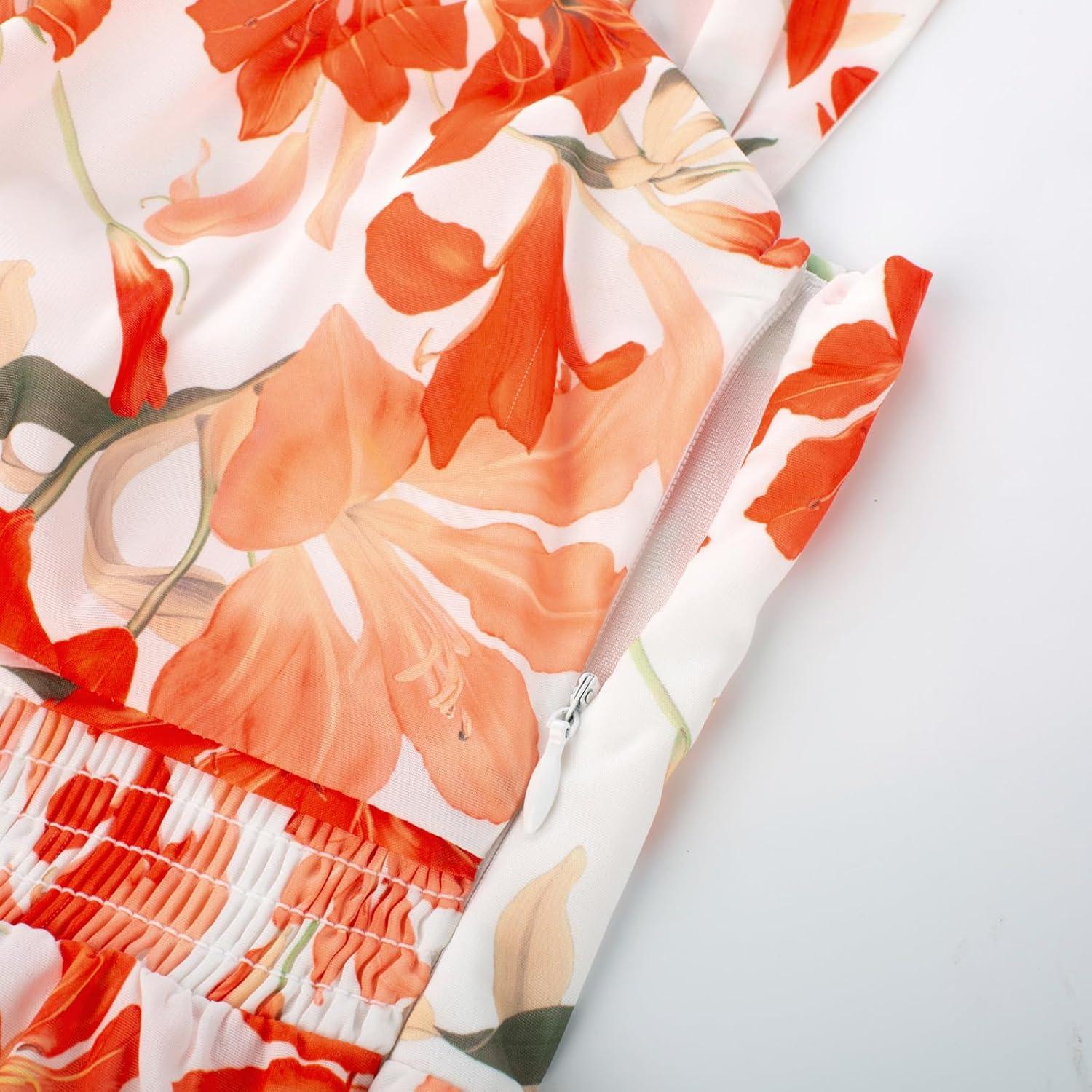 imageGRACE KARIN 2025 Womens Summer Floral Print Flowy A Line Maxi Dresses Sleeveless Smocked Off Shoulder DressWhite Orange
