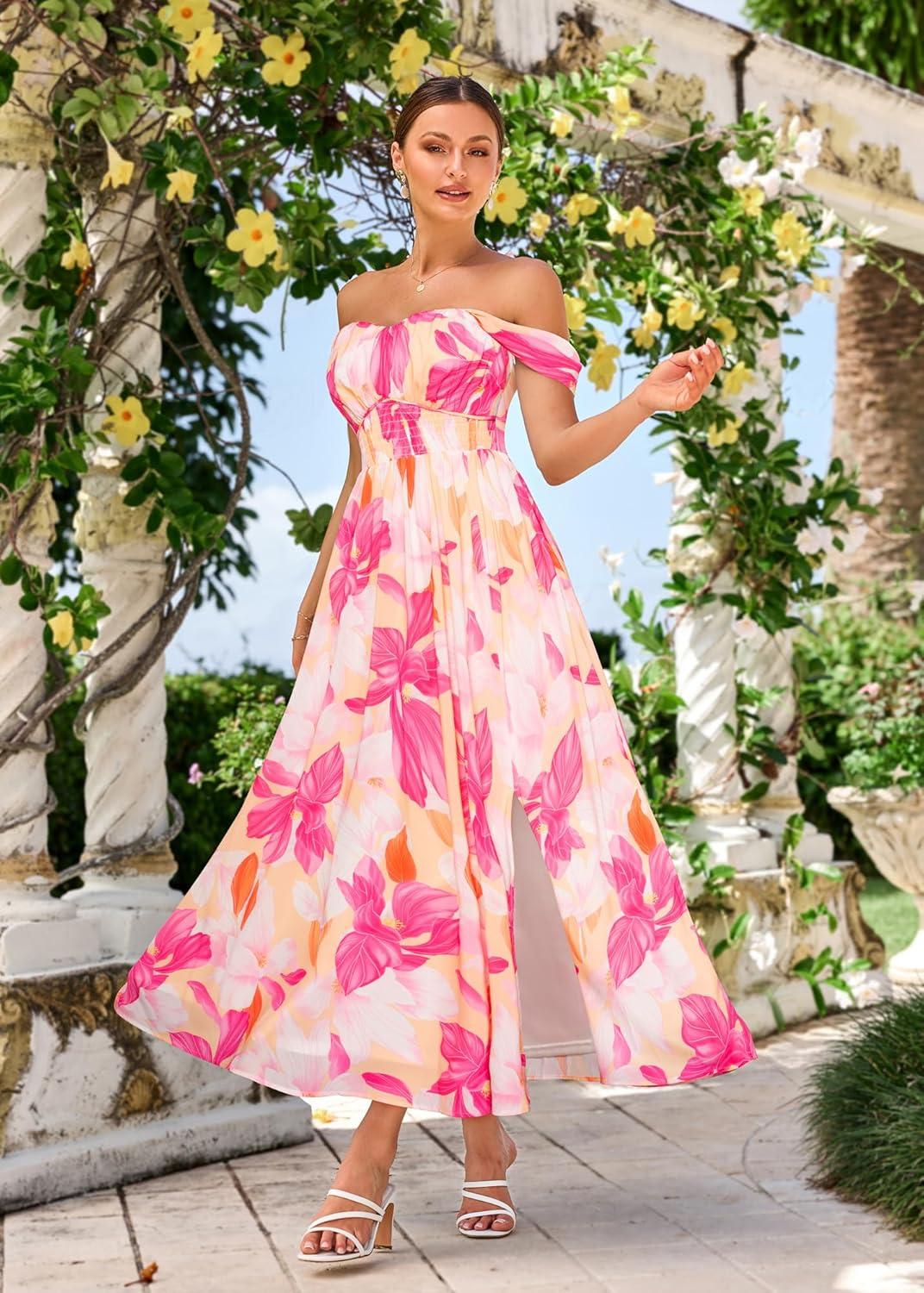 imageGRACE KARIN 2025 Womens Summer Floral Print Flowy A Line Maxi Dresses Sleeveless Smocked Off Shoulder DressWhite Rose Red