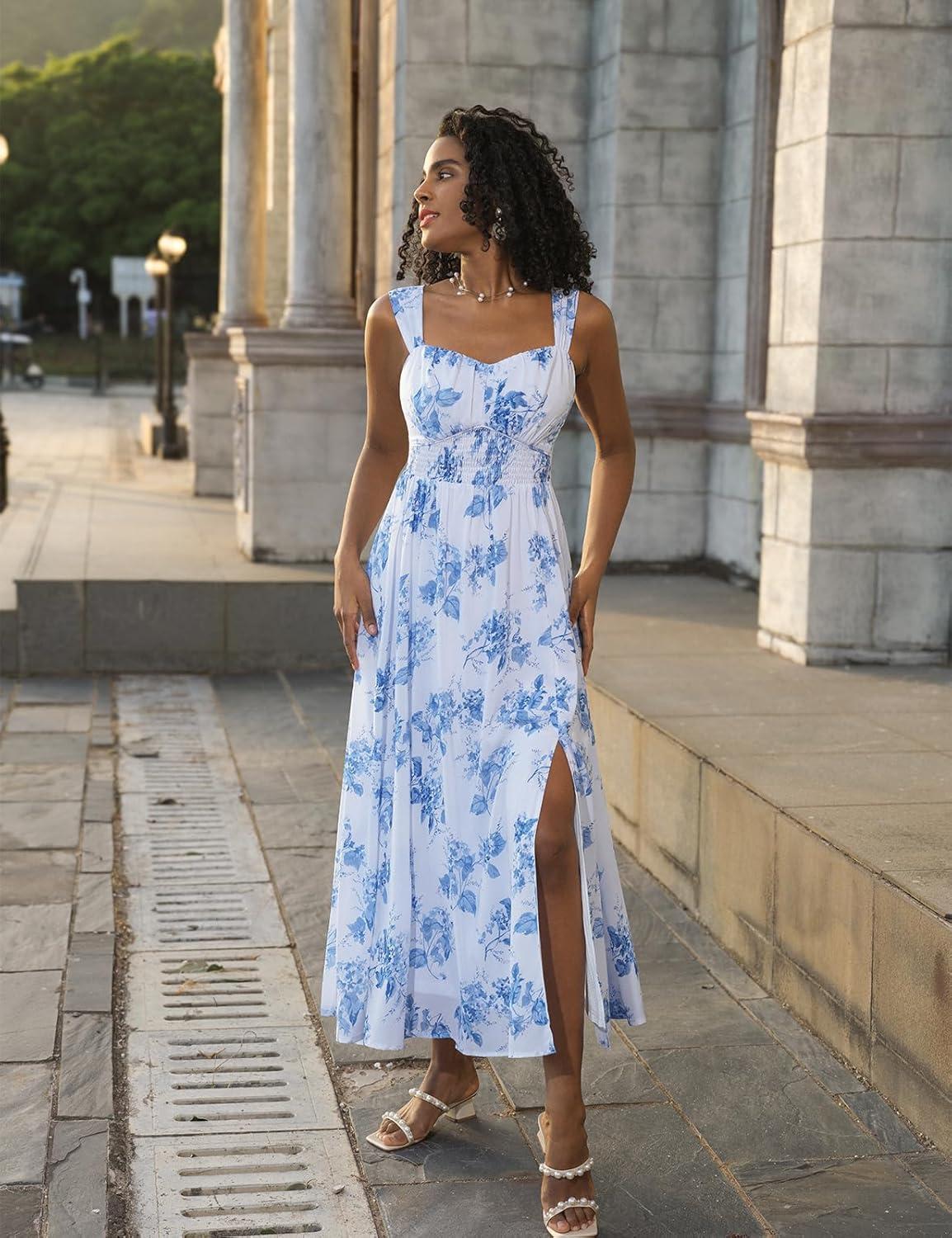 imageGRACE KARIN 2025 Womens Summer Floral Print Flowy A Line Maxi Dresses Sleeveless Smocked Off Shoulder DressWhiteblue Floral