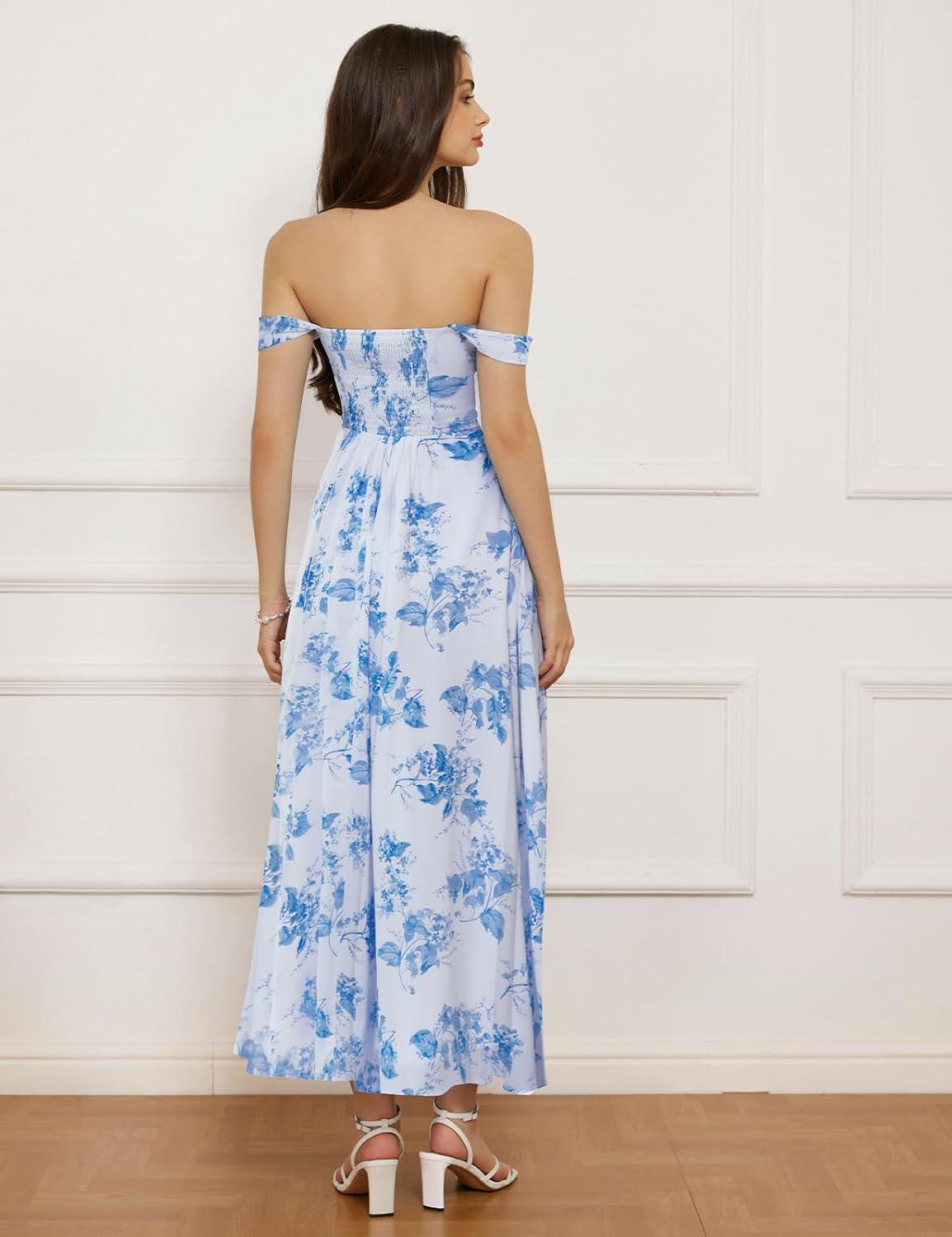 imageGRACE KARIN 2025 Womens Summer Floral Print Flowy A Line Maxi Dresses Sleeveless Smocked Off Shoulder DressWhiteblue Floral