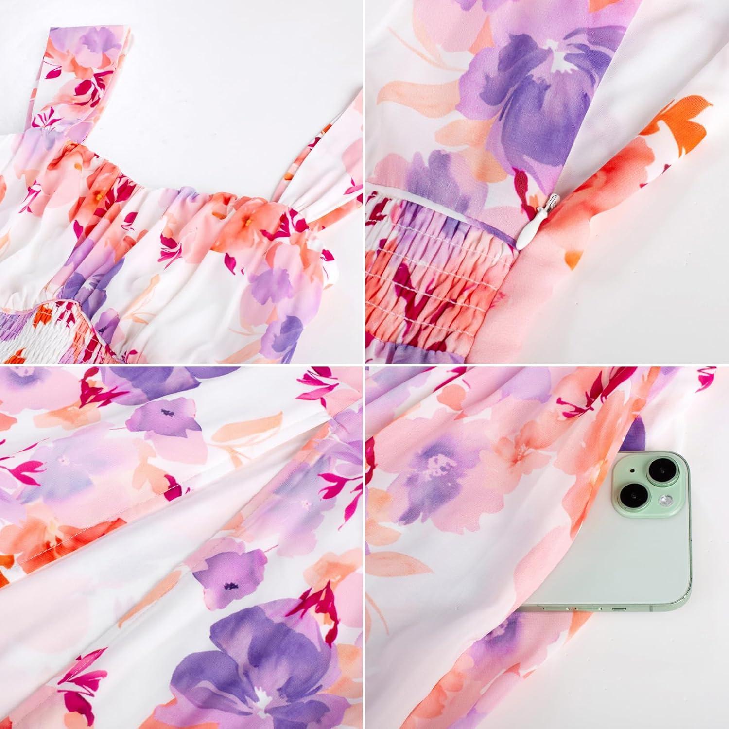 imageGRACE KARIN 2025 Womens Summer Floral Print Flowy A Line Maxi Dresses Sleeveless Smocked Off Shoulder DressWhitepurple Red