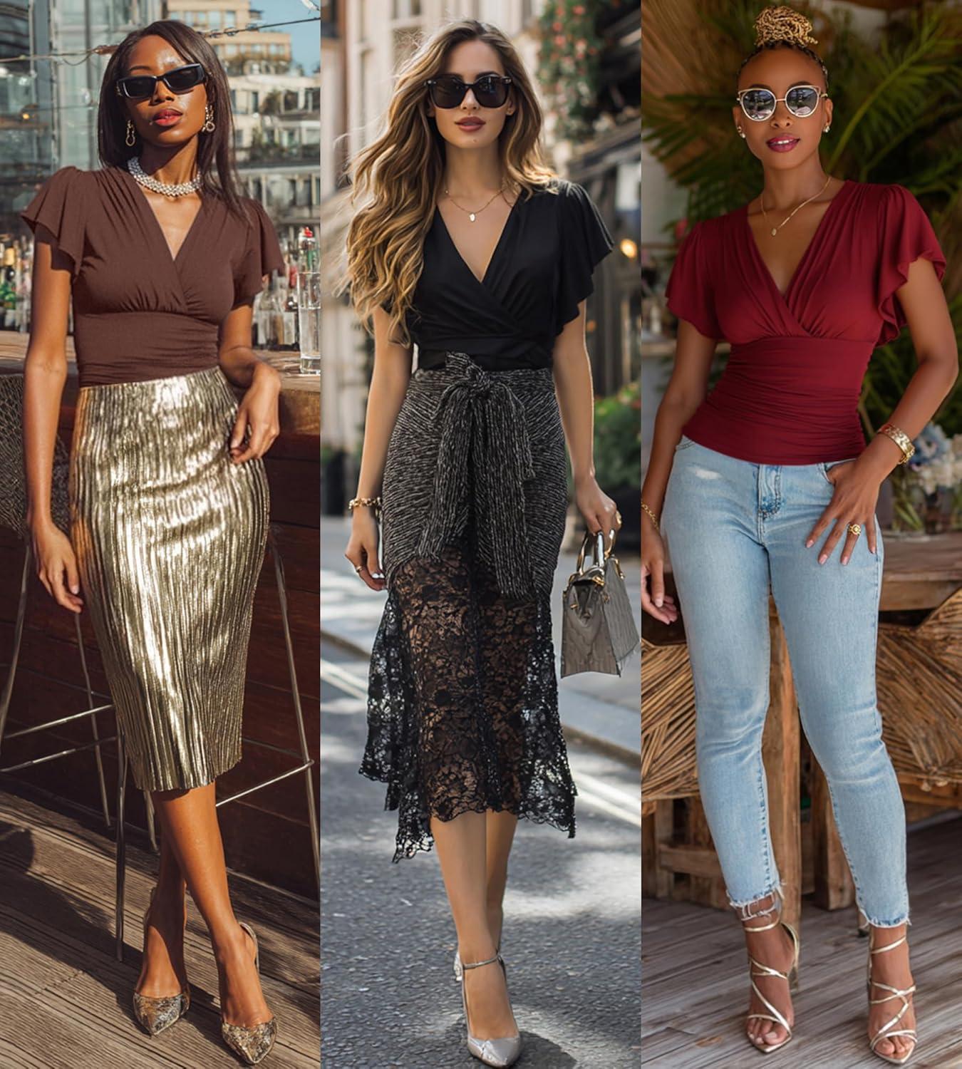 imageGRACE KARIN 2025 Womens Tops Summer Wrap Blouse V Neck Ruffle Sleeve Dressy Casual Top Ruched Trendy ClothesPink