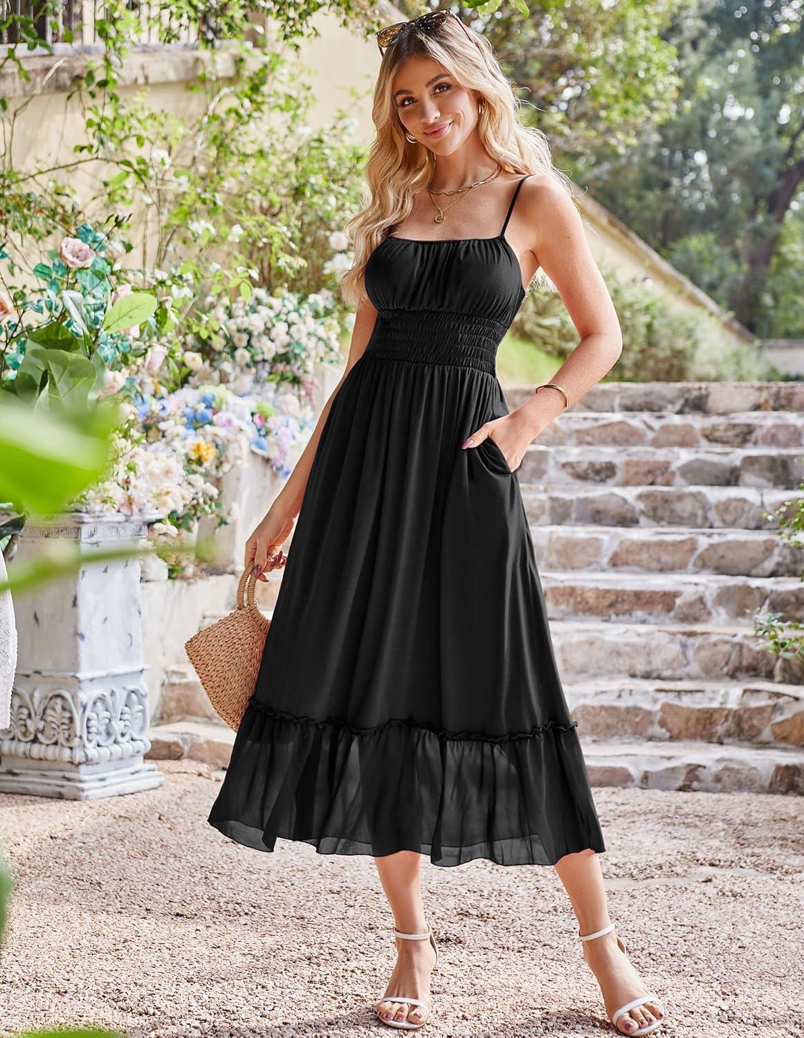 imageGRACE KARIN 2026 Summer Maxi Dresses for Women Smocked Spaghetti Strap Long Dress Flowy Boho Beach Sundresses with PocketsBlack