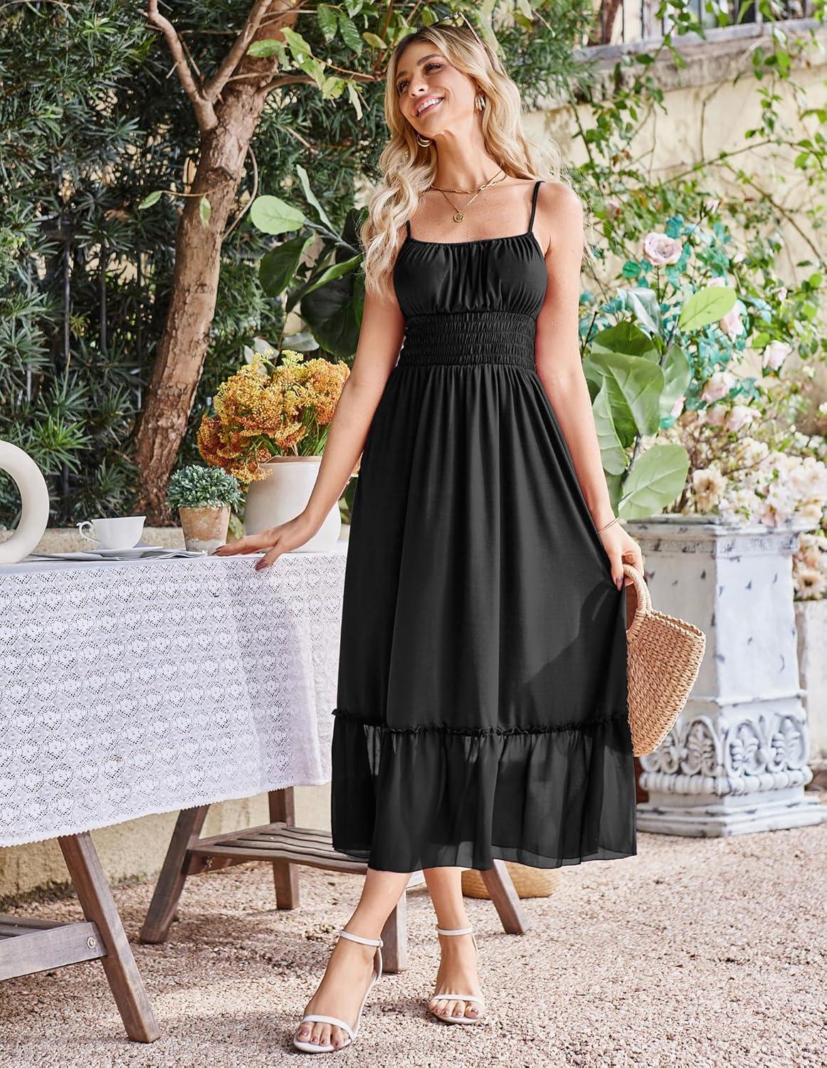 imageGRACE KARIN 2026 Summer Maxi Dresses for Women Smocked Spaghetti Strap Long Dress Flowy Boho Beach Sundresses with PocketsBlack