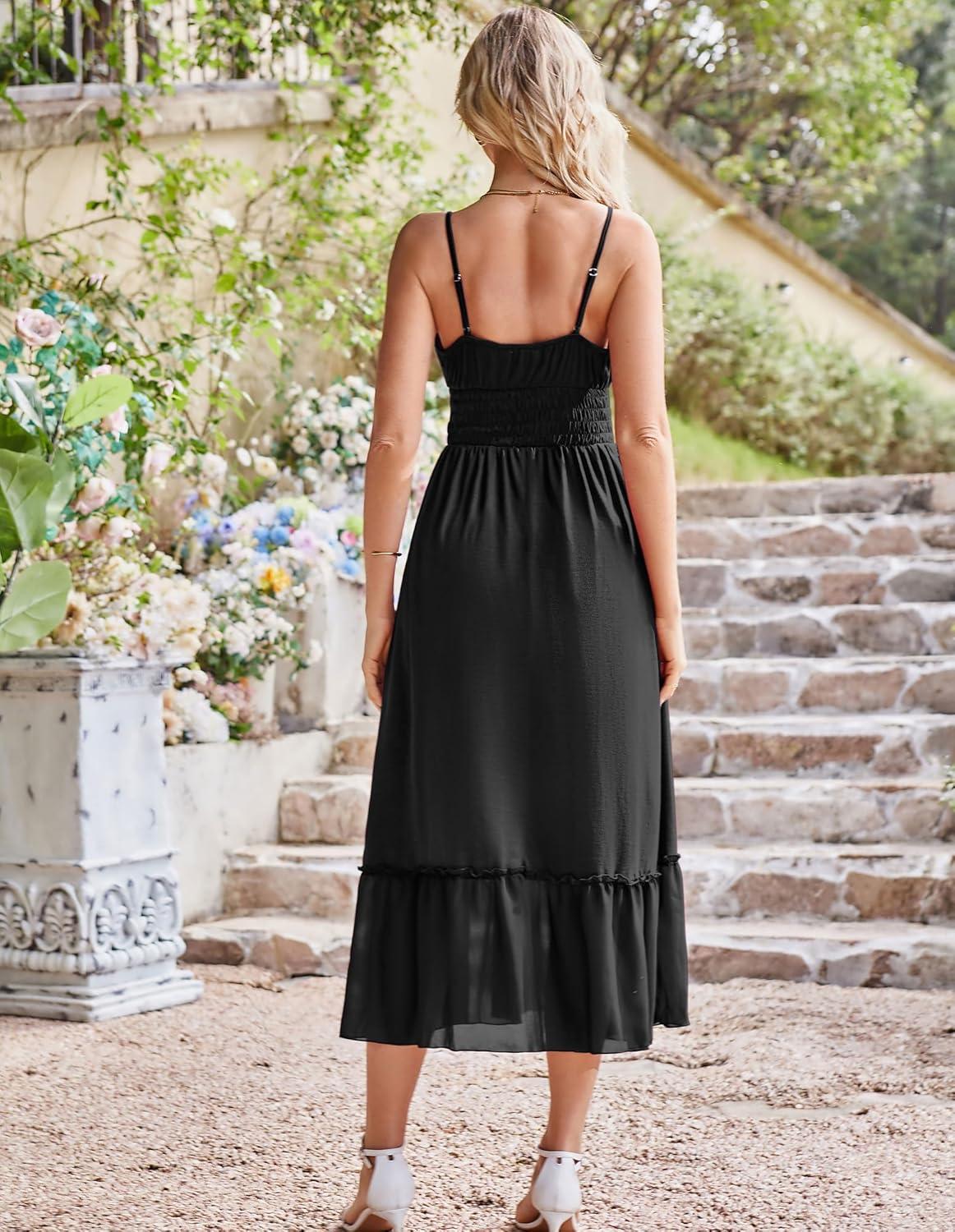 imageGRACE KARIN 2026 Summer Maxi Dresses for Women Smocked Spaghetti Strap Long Dress Flowy Boho Beach Sundresses with PocketsBlack