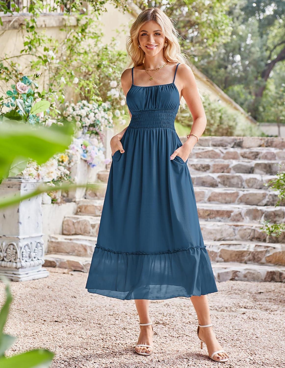 imageGRACE KARIN 2026 Summer Maxi Dresses for Women Smocked Spaghetti Strap Long Dress Flowy Boho Beach Sundresses with PocketsBlue