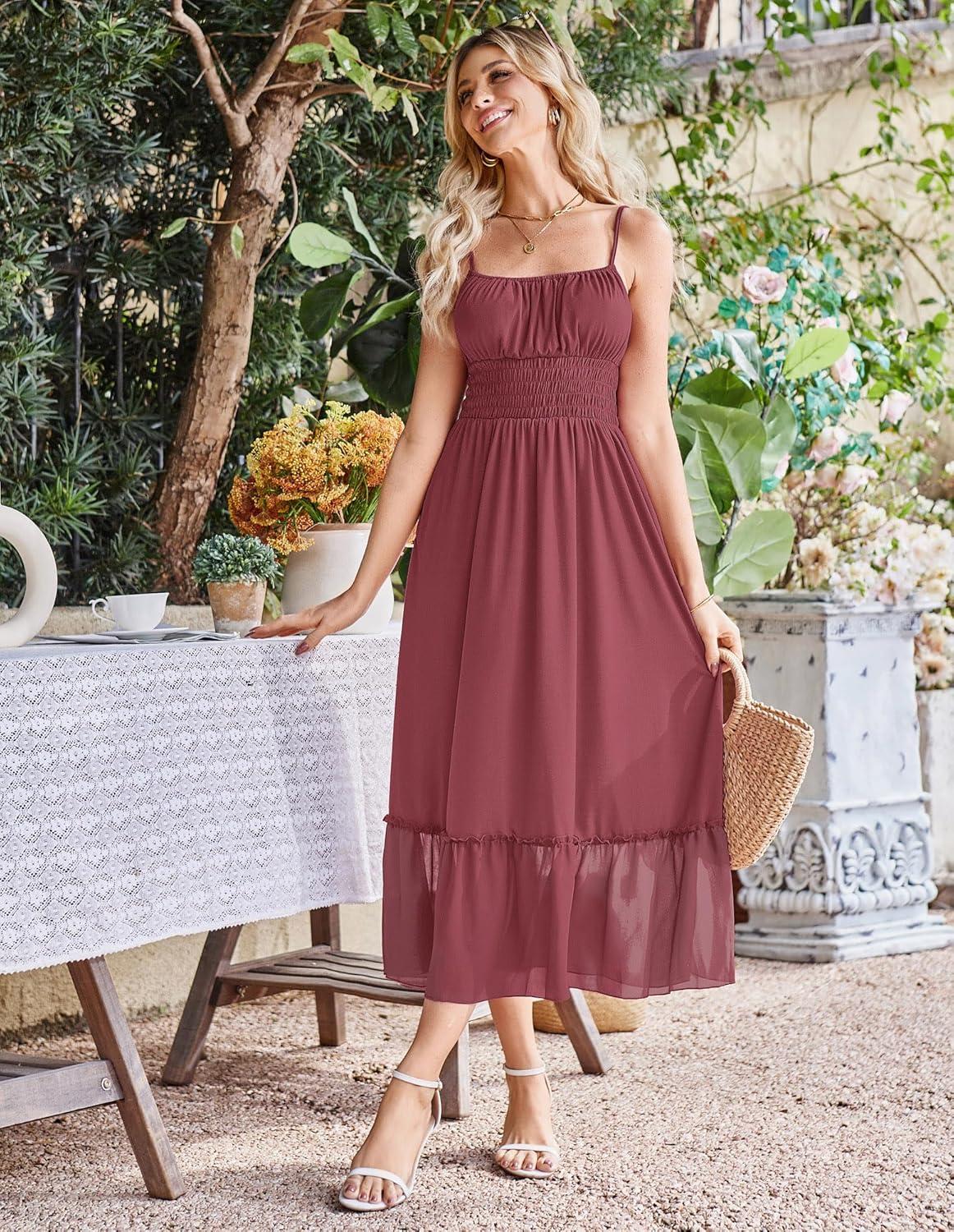 imageGRACE KARIN 2026 Summer Maxi Dresses for Women Smocked Spaghetti Strap Long Dress Flowy Boho Beach Sundresses with PocketsBrick Red