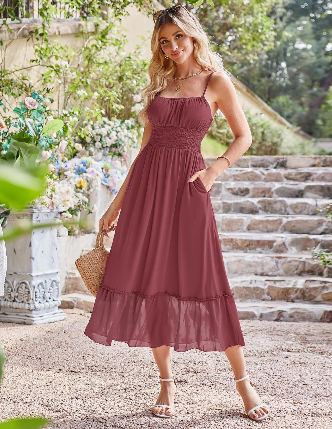 imageGRACE KARIN 2026 Summer Maxi Dresses for Women Smocked Spaghetti Strap Long Dress Flowy Boho Beach Sundresses with PocketsBrick Red