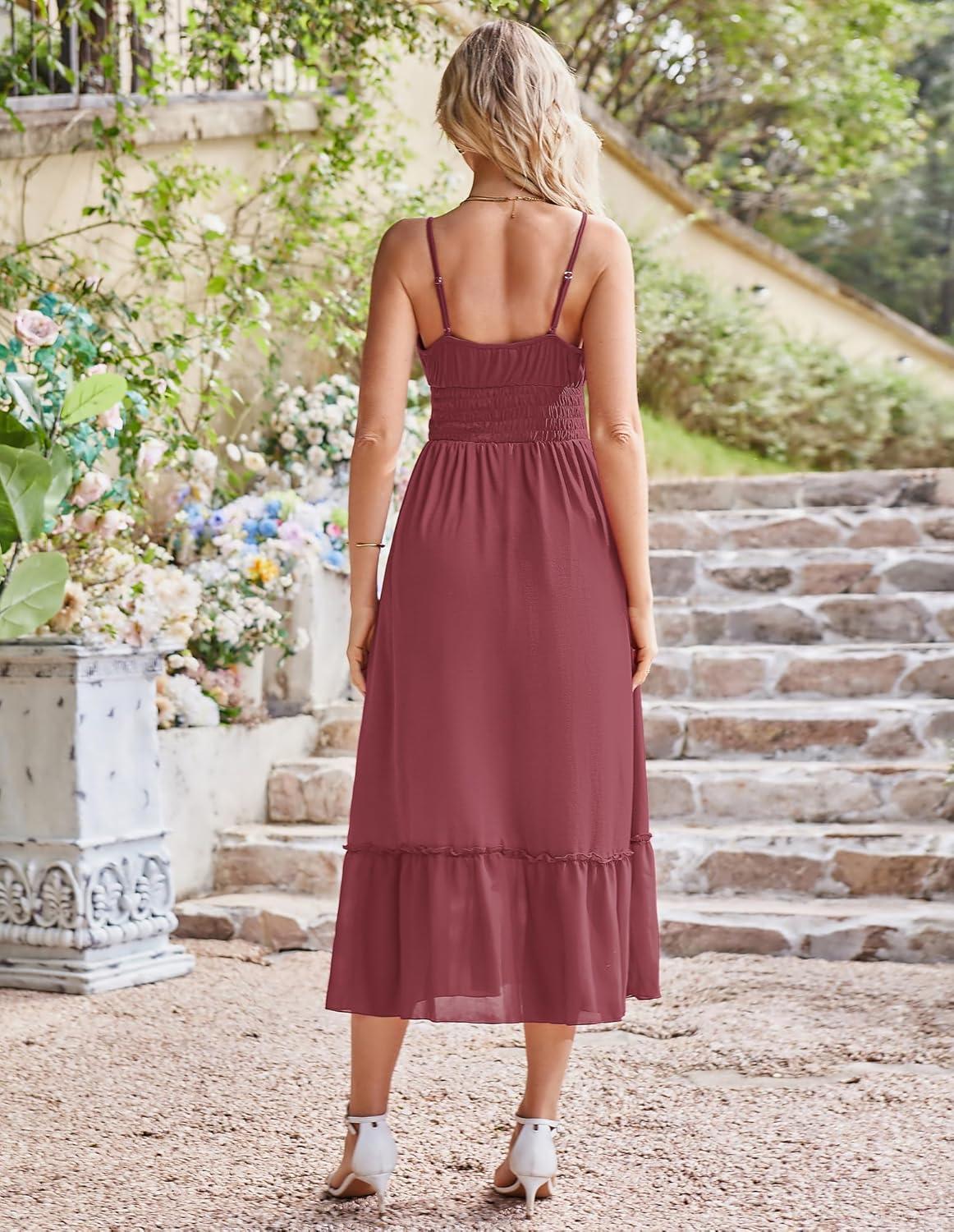 imageGRACE KARIN 2026 Summer Maxi Dresses for Women Smocked Spaghetti Strap Long Dress Flowy Boho Beach Sundresses with PocketsBrick Red