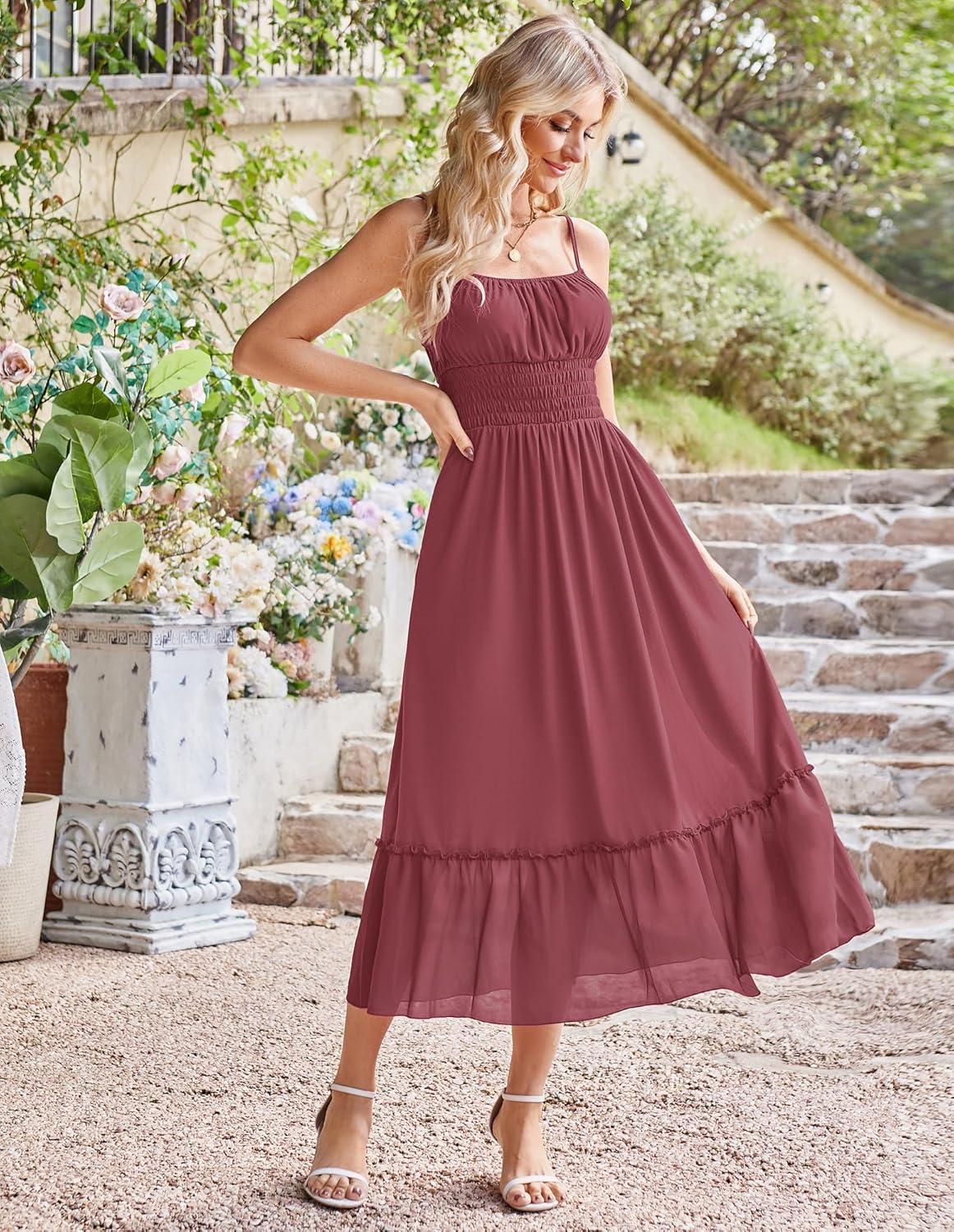 imageGRACE KARIN 2026 Summer Maxi Dresses for Women Smocked Spaghetti Strap Long Dress Flowy Boho Beach Sundresses with PocketsBrick Red