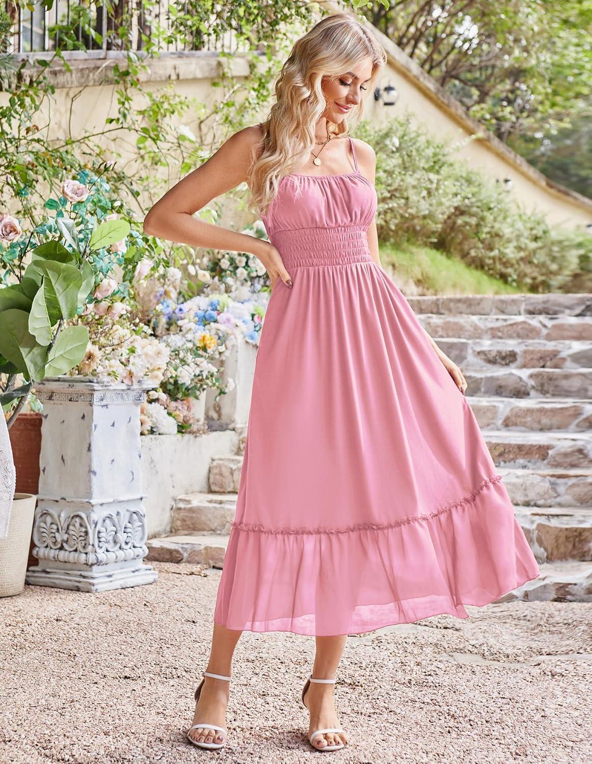 imageGRACE KARIN 2026 Summer Maxi Dresses for Women Smocked Spaghetti Strap Long Dress Flowy Boho Beach Sundresses with PocketsLight Pink