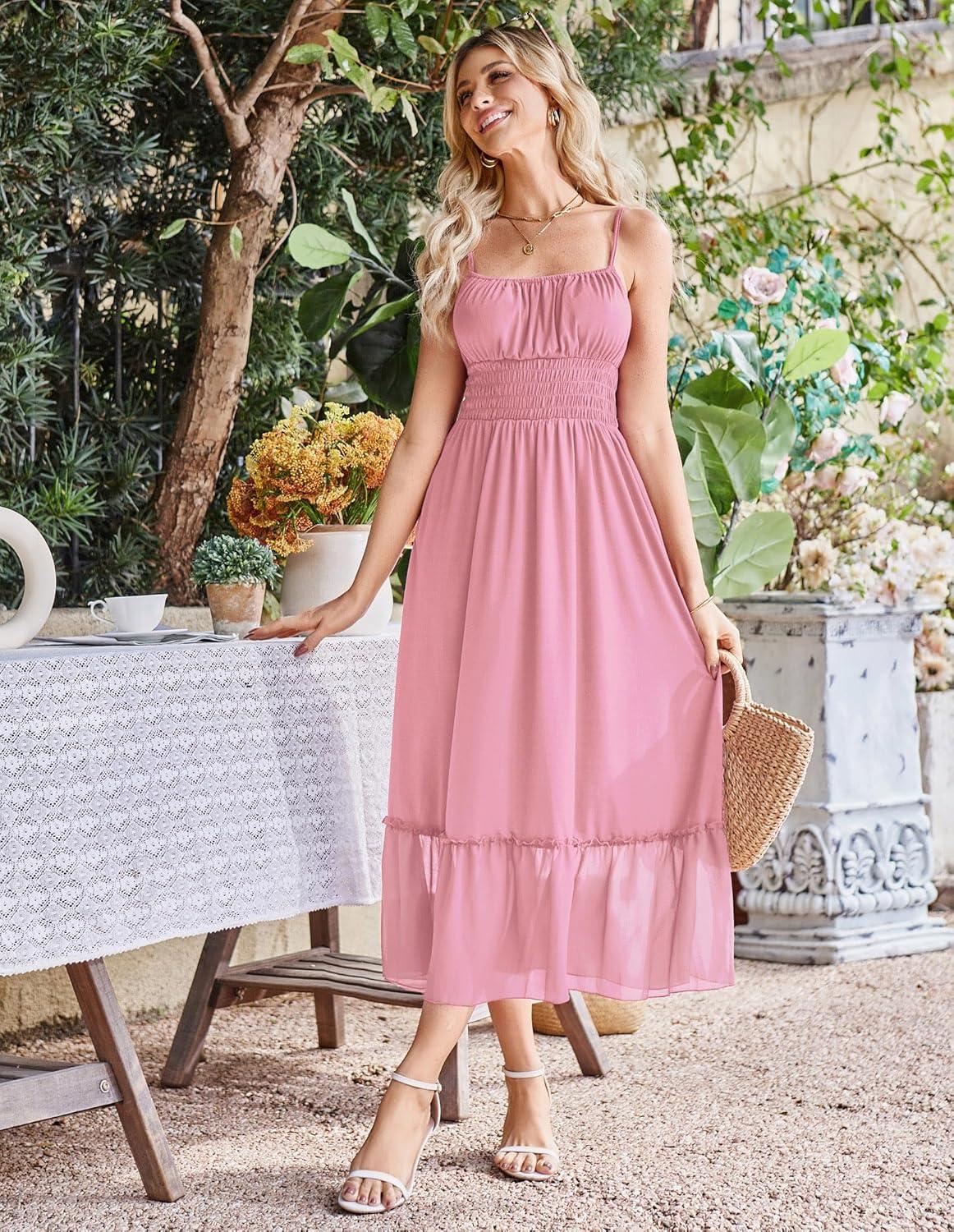 imageGRACE KARIN 2026 Summer Maxi Dresses for Women Smocked Spaghetti Strap Long Dress Flowy Boho Beach Sundresses with PocketsLight Pink