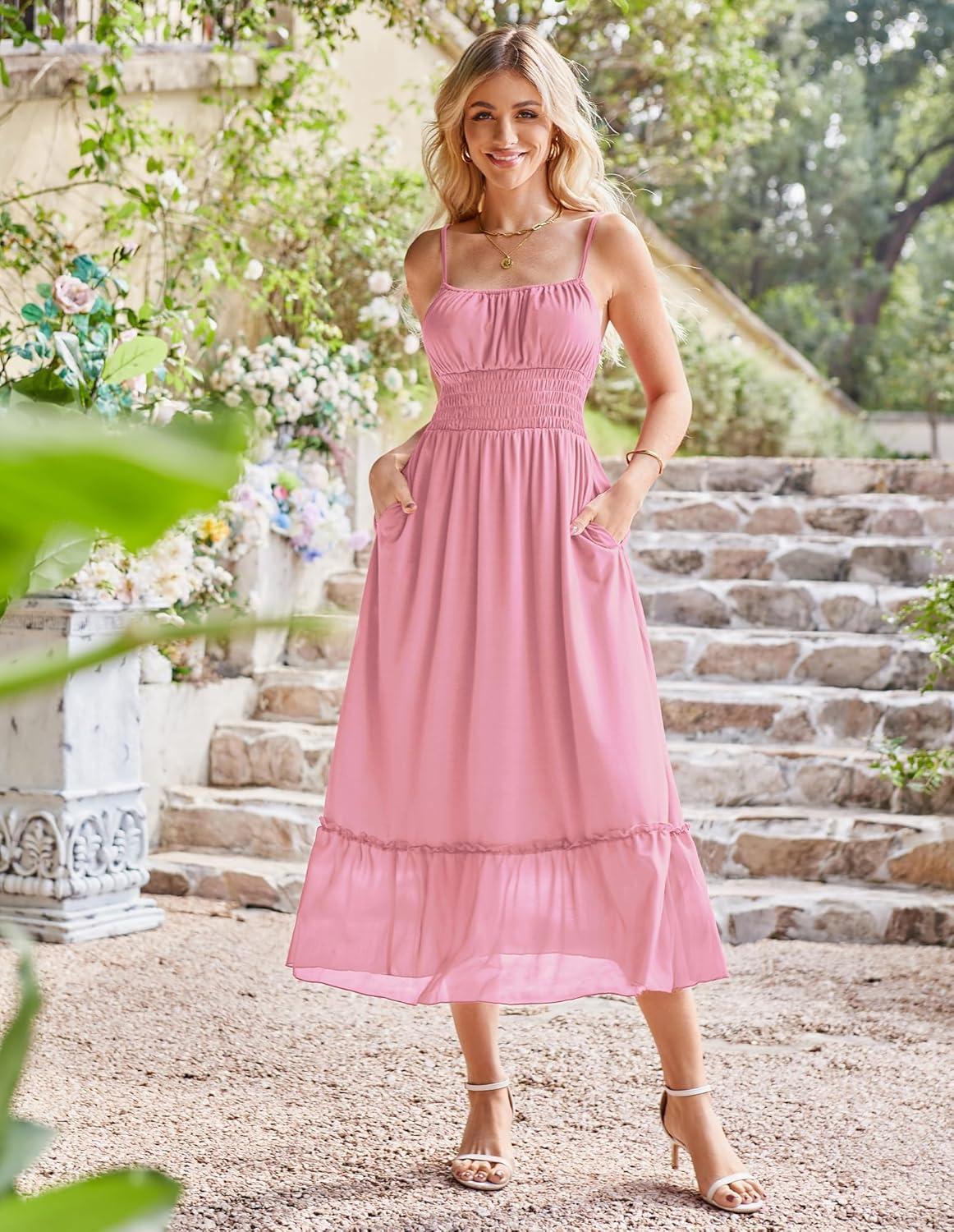 imageGRACE KARIN 2026 Summer Maxi Dresses for Women Smocked Spaghetti Strap Long Dress Flowy Boho Beach Sundresses with PocketsLight Pink