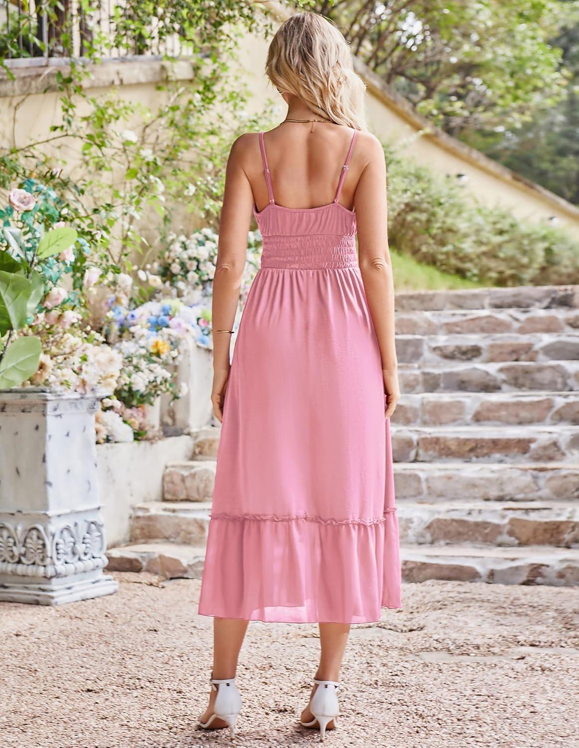 imageGRACE KARIN 2026 Summer Maxi Dresses for Women Smocked Spaghetti Strap Long Dress Flowy Boho Beach Sundresses with PocketsLight Pink