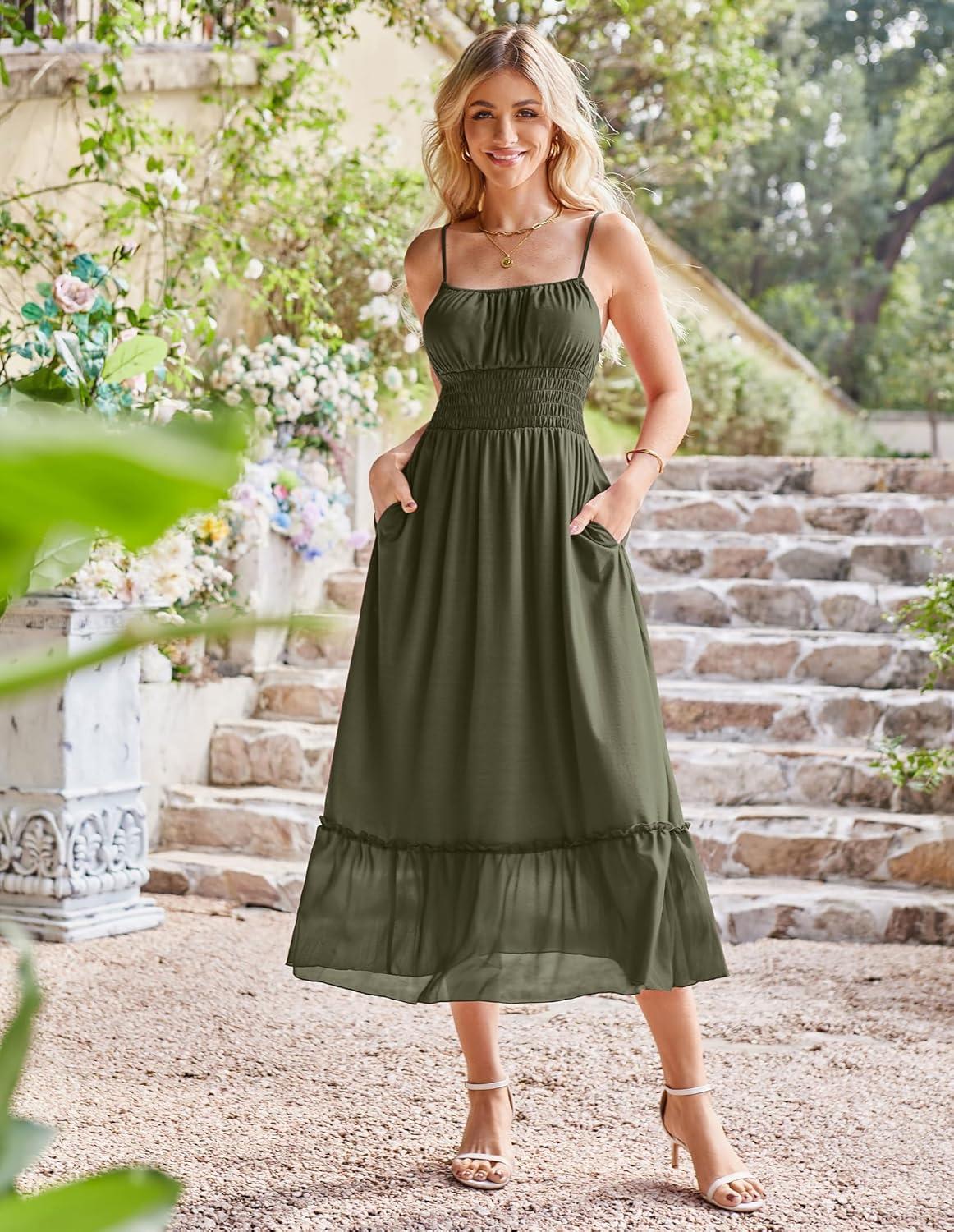 imageGRACE KARIN 2026 Summer Maxi Dresses for Women Smocked Spaghetti Strap Long Dress Flowy Boho Beach Sundresses with PocketsOlive Green
