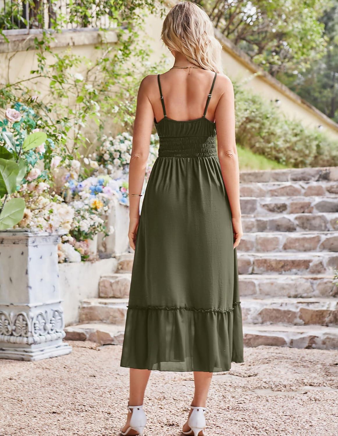 imageGRACE KARIN 2026 Summer Maxi Dresses for Women Smocked Spaghetti Strap Long Dress Flowy Boho Beach Sundresses with PocketsOlive Green