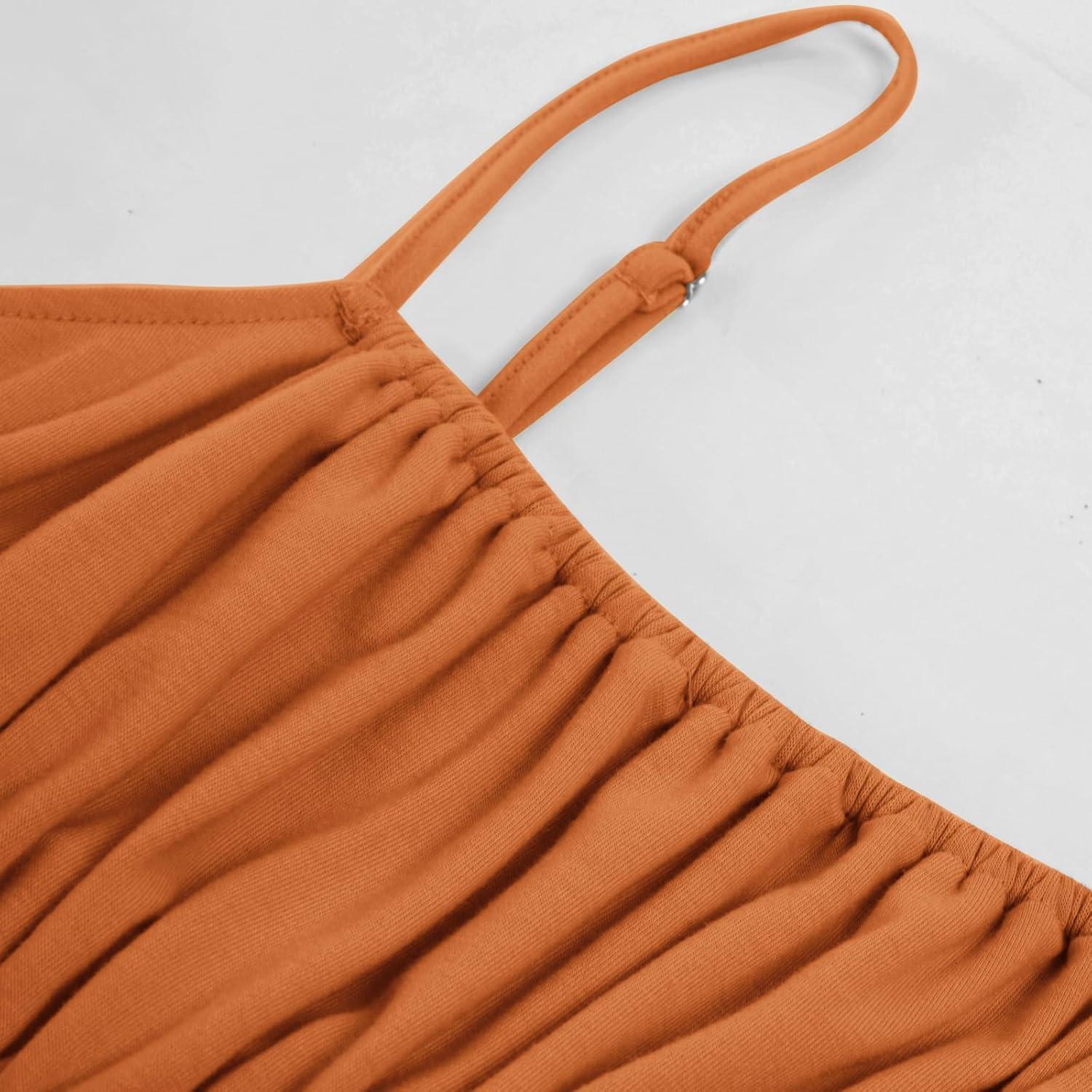 imageGRACE KARIN 2026 Summer Maxi Dresses for Women Smocked Spaghetti Strap Long Dress Flowy Boho Beach Sundresses with PocketsOrange Brown